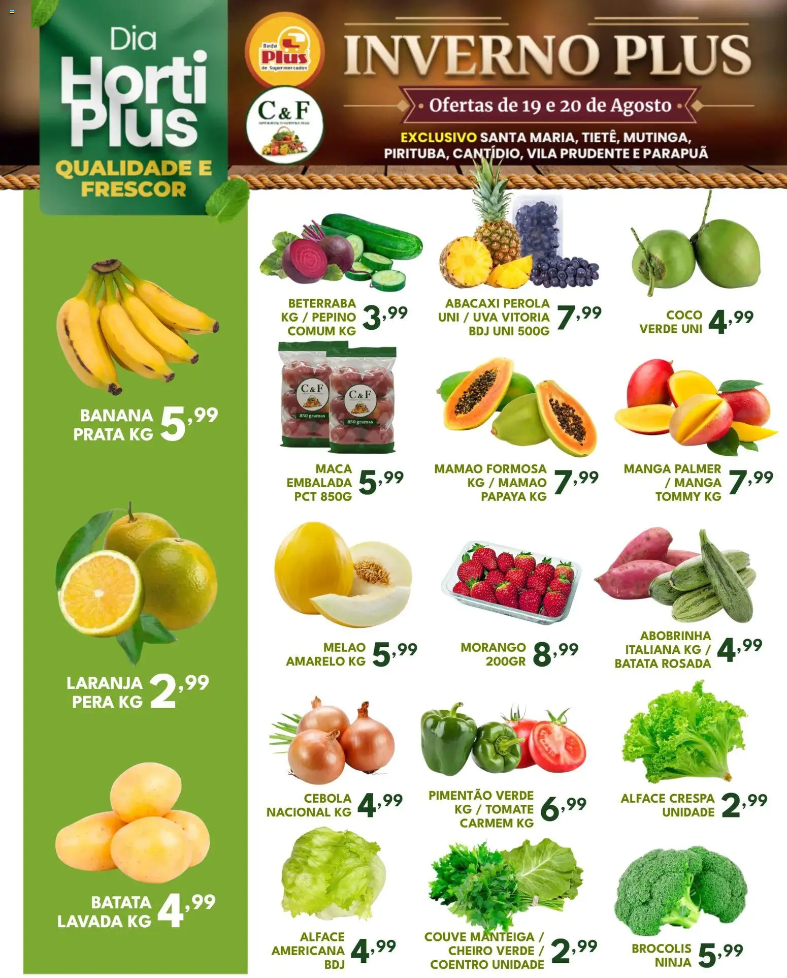 Rede Plus Supermercados Folheto - válido de 19/08/2026 | Página: 2 | Produtos: Melão amarelo, Cebola, Alface, Batata