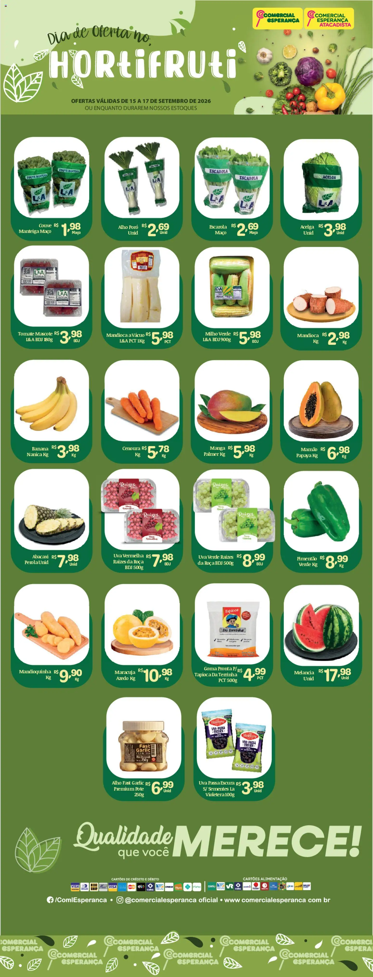 Comercial Esperança Folheto - válido de 15/09/2026 | Página: 1 | Produtos: Melancia, Mandioca, Tapioca, Manteiga
