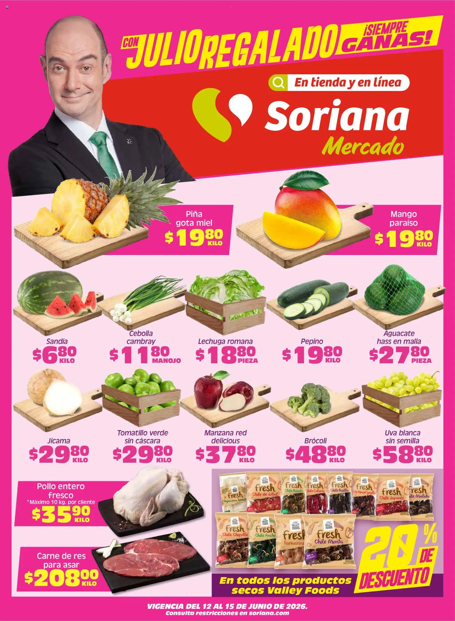 Nuevas ofertas de Soriana válidas en toda la República Mexicana desde el 12.06.2026. ¡Encuentra las mejores ofertas en Soriana Fin de Semana Mercado: Coah, Chih y Dur! | Página: 1 | Productos: Pollo, Cebolla, Sandía, Res