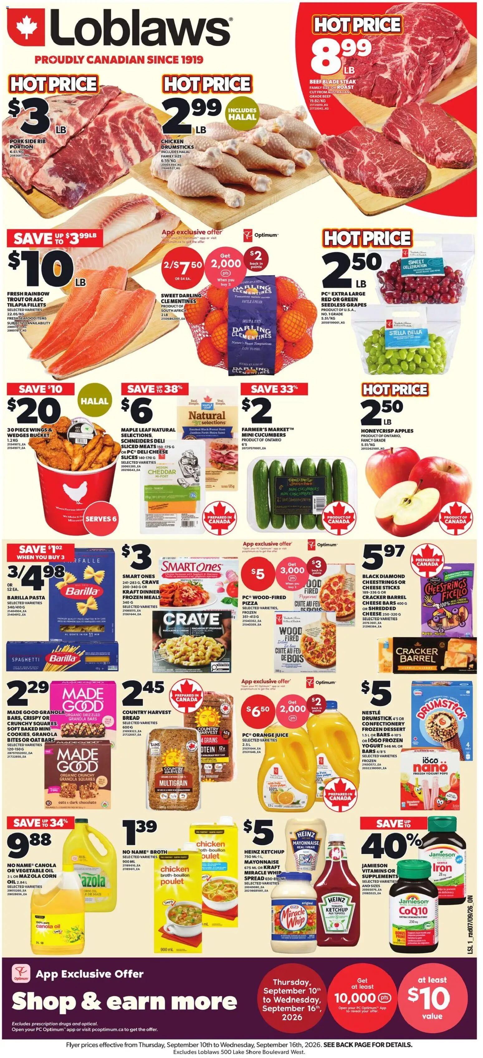 Loblaws flyer valid from Sep 10, 2026 | Page: 1 | Products: Drumsticks, Tilapia, Confectionery, Grapes