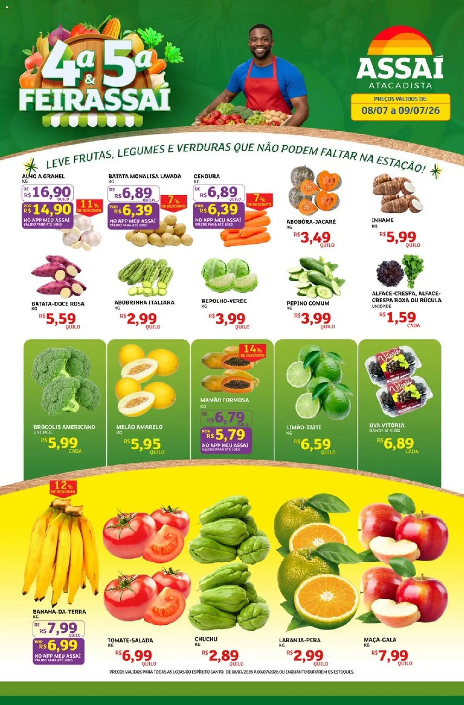 Assaí Atacadista Folheto - válido de 08/07/2026 | Página: 1 | Produtos: Melão, Abobrinha, Inhame, Brócolis