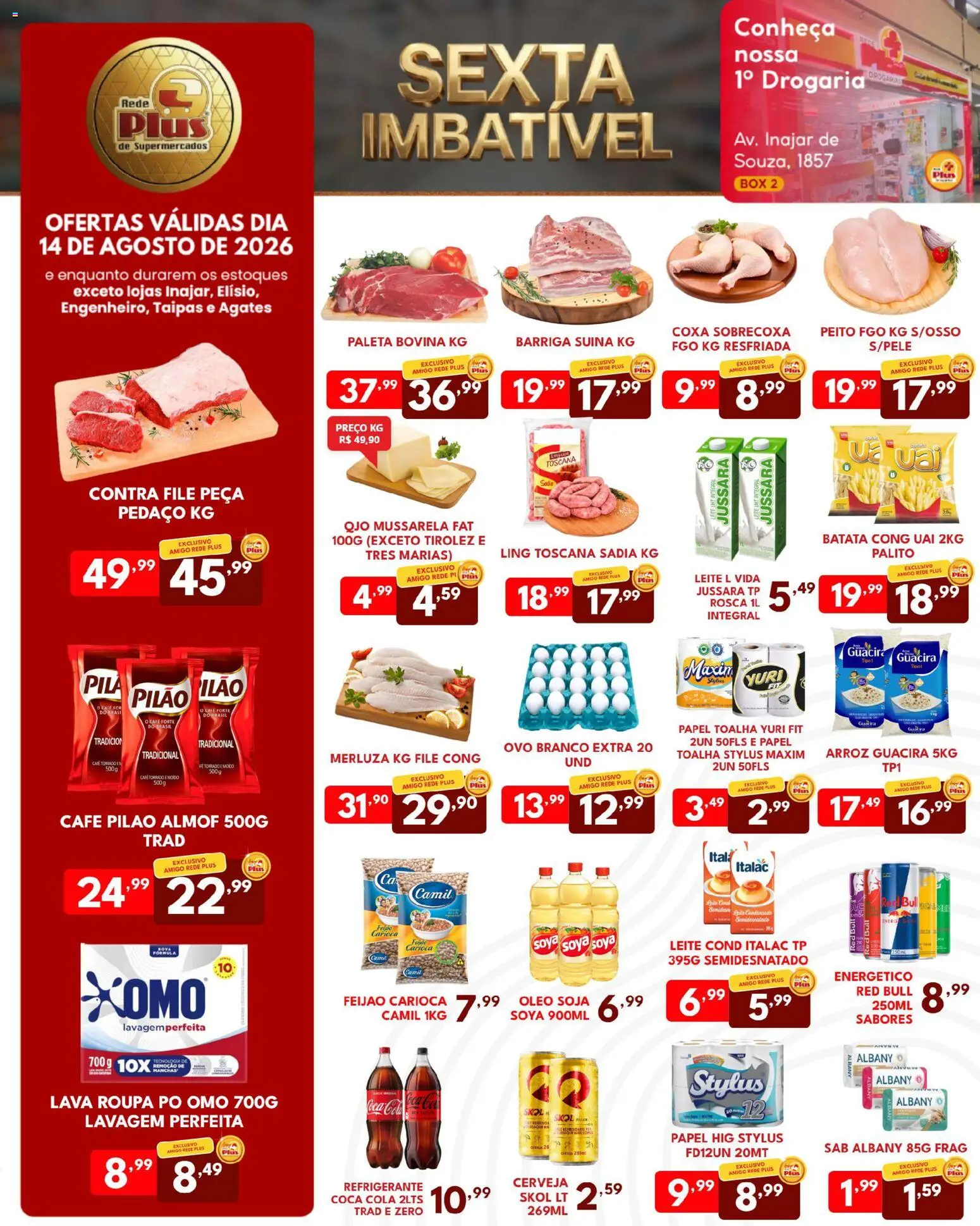 Rede Plus Supermercados Folheto - válido de 14/08/2026 | Página: 1 | Produtos: Contra filé, Tv, Mussarela, Soja
