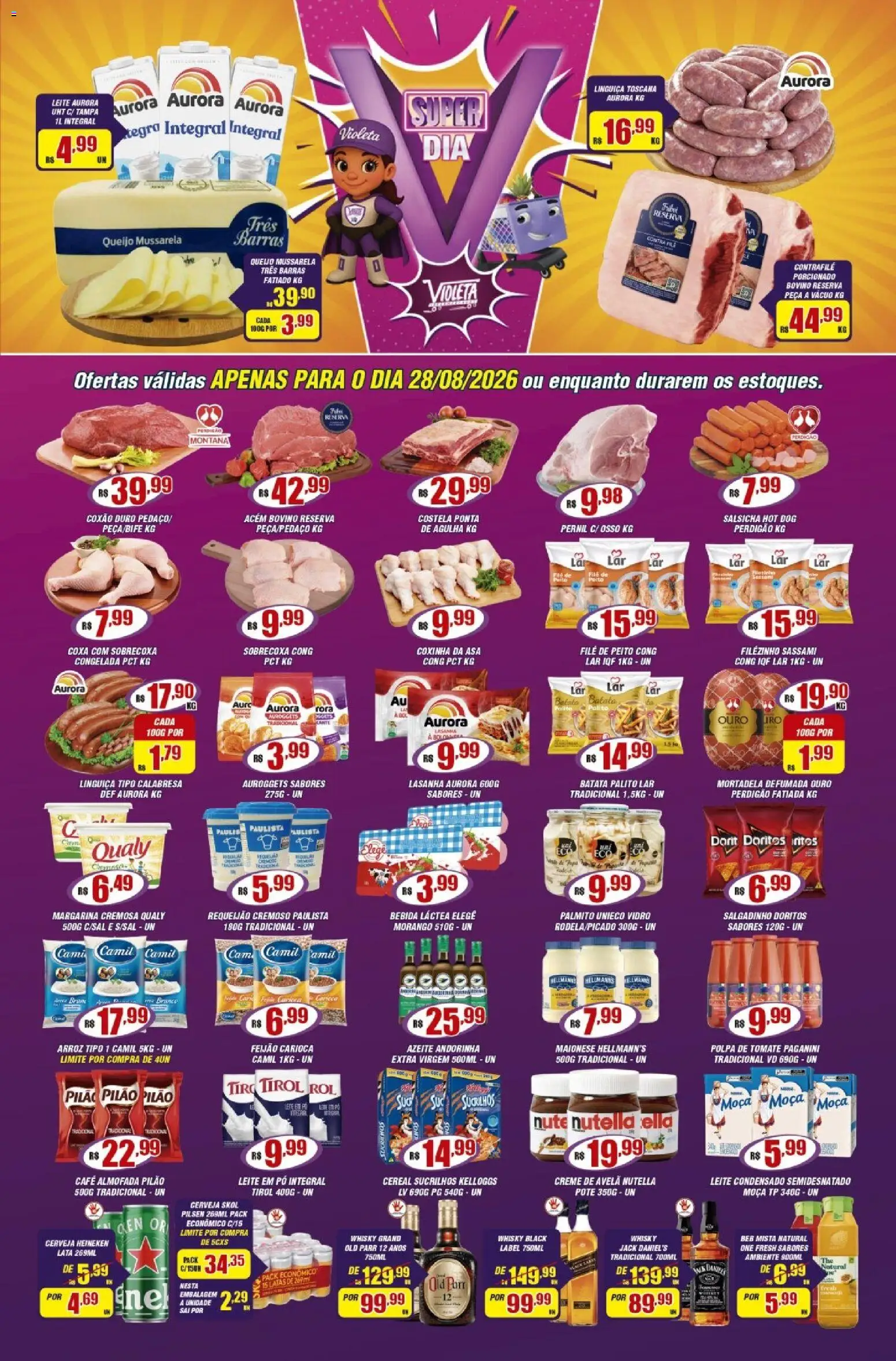 Violeta Supermercados Folheto - válido de 28/08/2026 | Página: 1 | Produtos: Palmito, Coxão duro, Acém, Lasanha