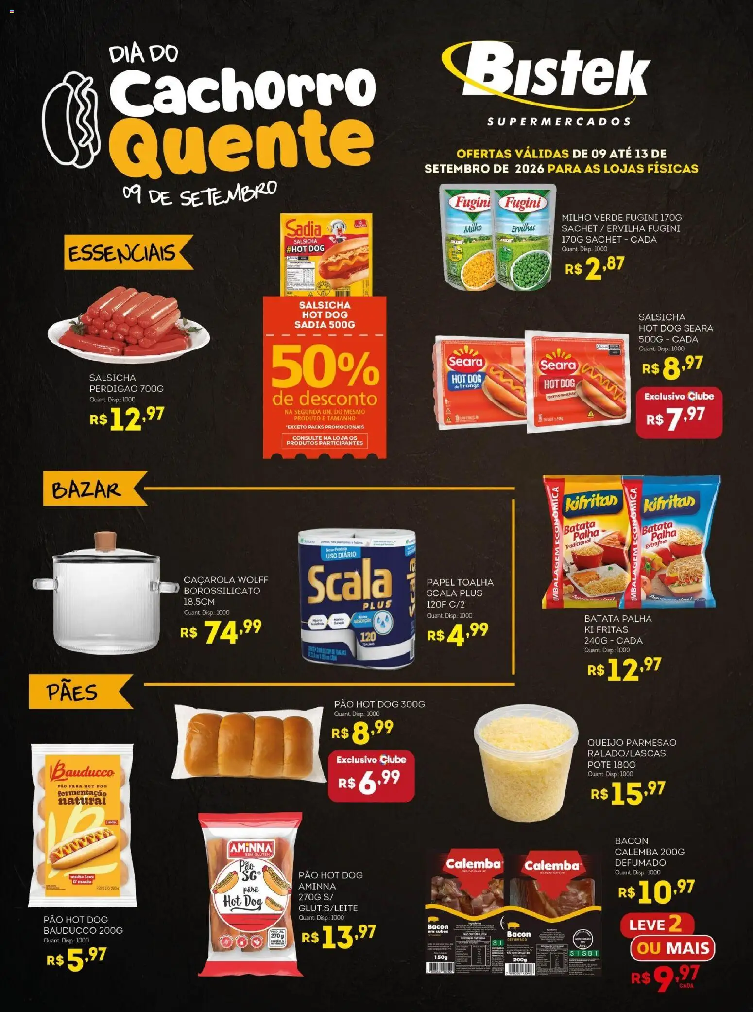 Bistek Supermercados Folheto - válido de 09/09/2026 | Página: 1 | Produtos: Salsicha, Pão, Parmesão, Frango