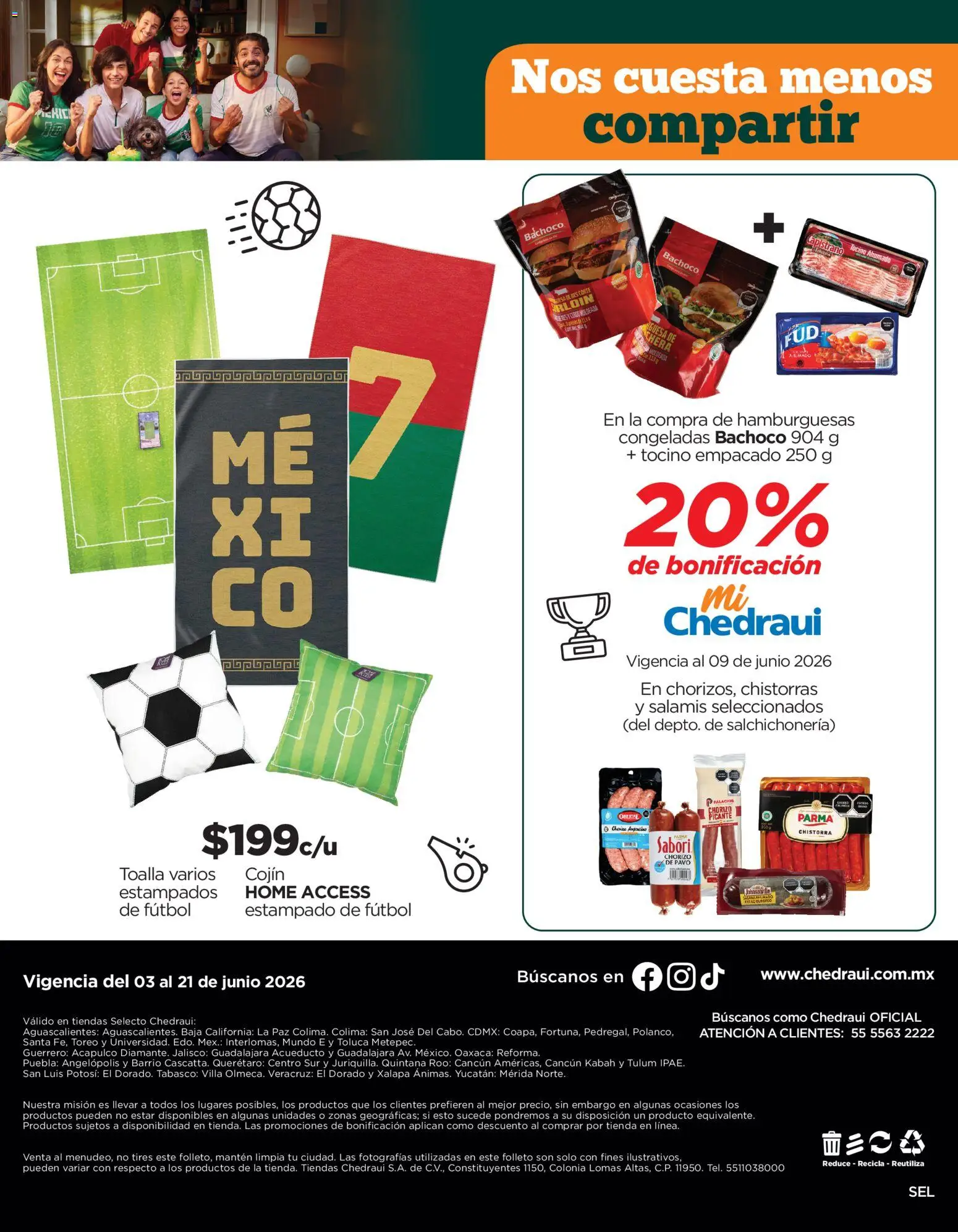 Nuevas ofertas de Chedraui válidas en toda la República Mexicana desde el 03.06.2026. ¡Encuentra las mejores ofertas en Chedraui folleto Llevarte más cuesta menos! | Página: 16 | Productos: Tocino, Res, Chorizo, Toalla