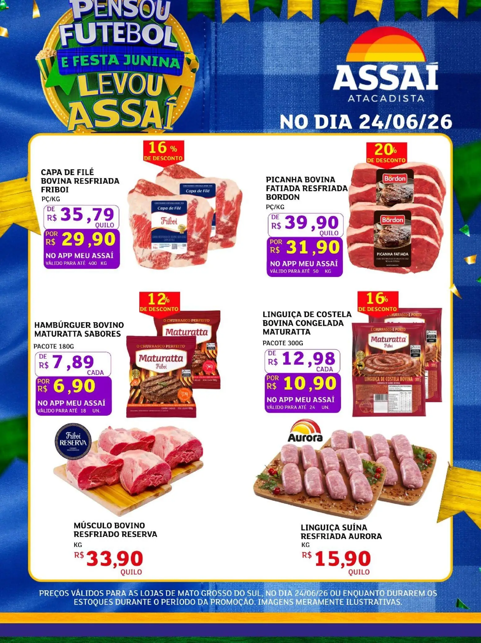 Assaí Atacadista Folheto - válido de 24/06/2026 | Página: 1 | Produtos: Linguiça, Picanha, Hambúrguer
