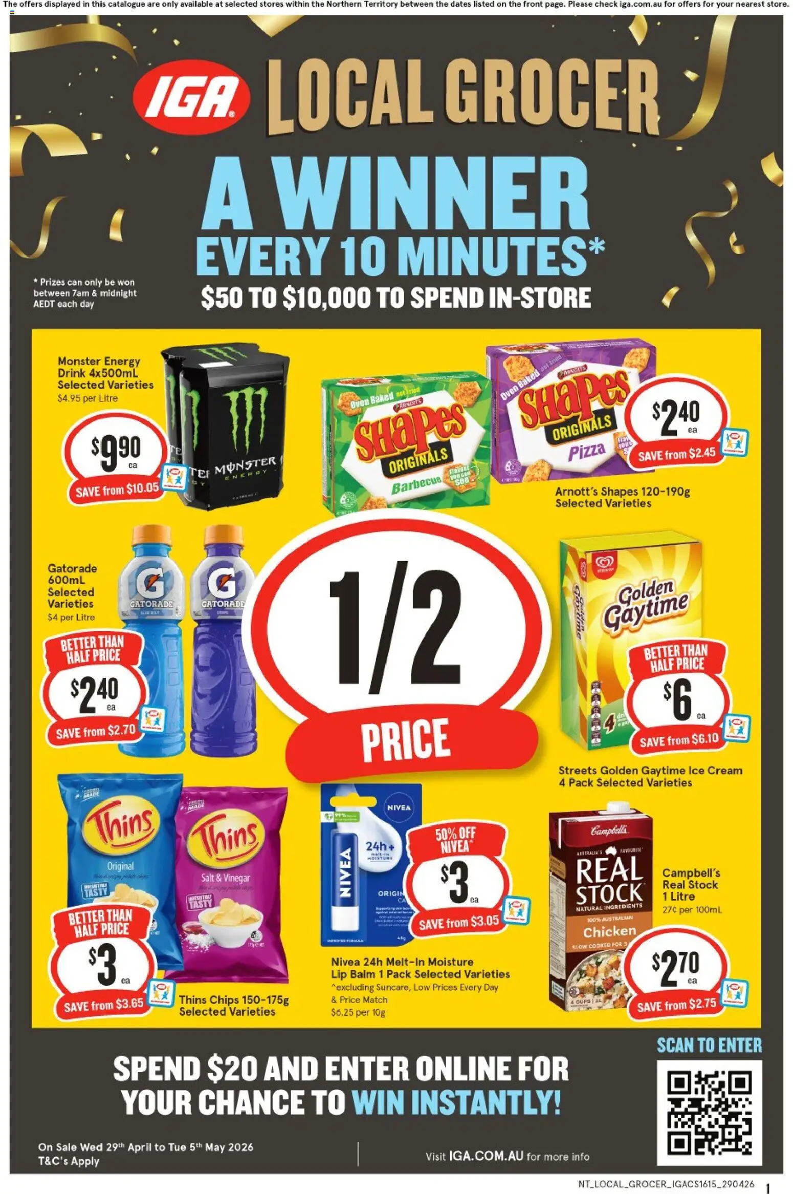 IGA catalogue - valid from 29.04.2026 | Page: 1 | Products: Cups, Energy drink, Chips, Ice cream