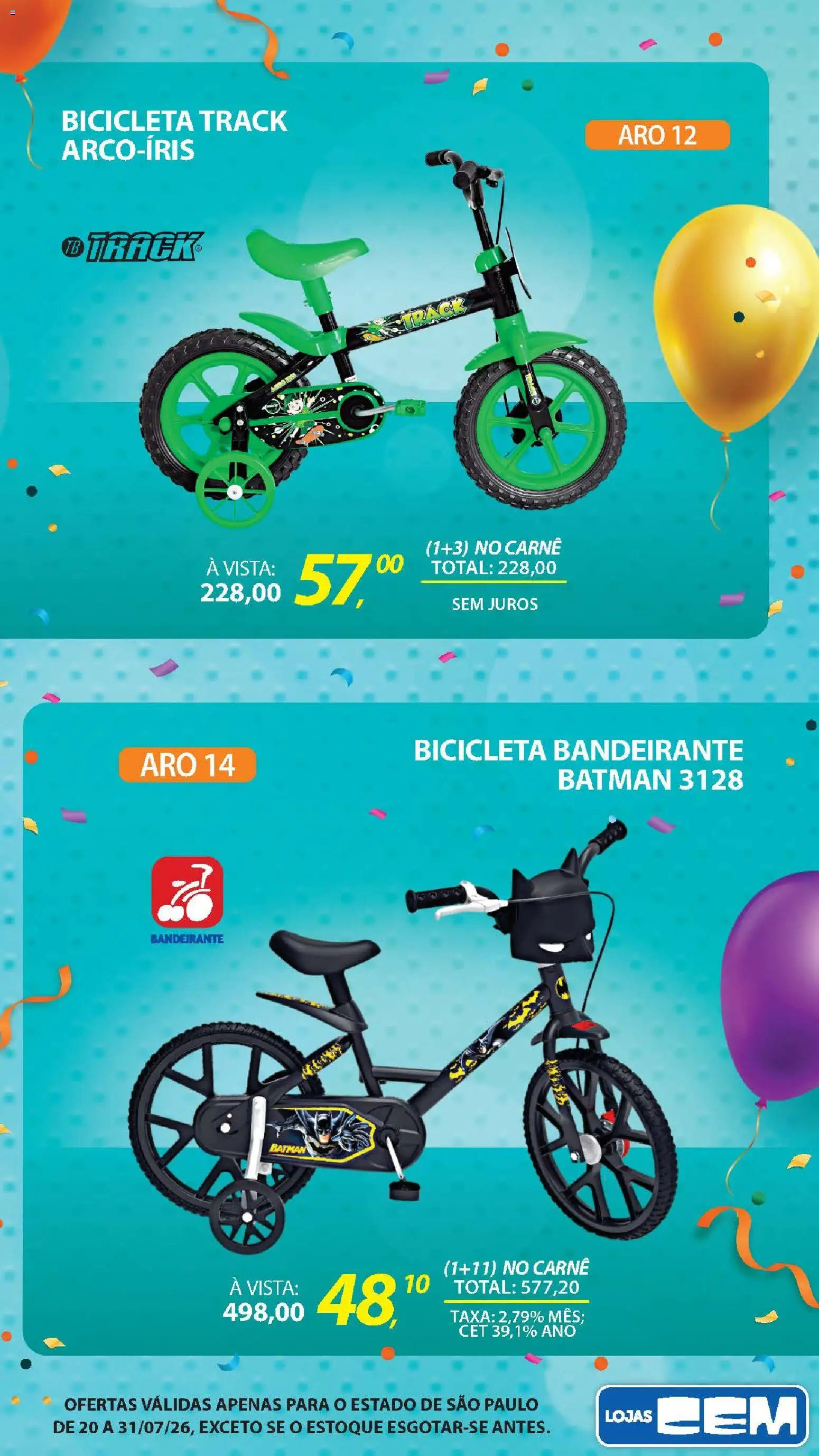 Lojas Cem Folheto - válido de 20/07/2026 | Página: 112 | Produtos: Bicicleta, Carne