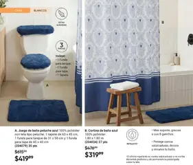 Vista previa de A. Juego de baño peluche azul 100% poliéster con tela tipo peluche. 1 tapete de 60 x 45 cm, 1 funda para tanque de 31 x 50 cm y 1 funda para tapa de 45 x 40 cm (204079) 35 pts, Juego de baño de peluche azul de 100% poliéster que incluye 1 tapete de 60 x 45 cm, 1 funda para tanque de 31 x 50 cm y 1 funda para tapa de 45 x 40 cm., nuevo folleto de la tienda, válido en México a partir del 10/07/2026 | Página: 106