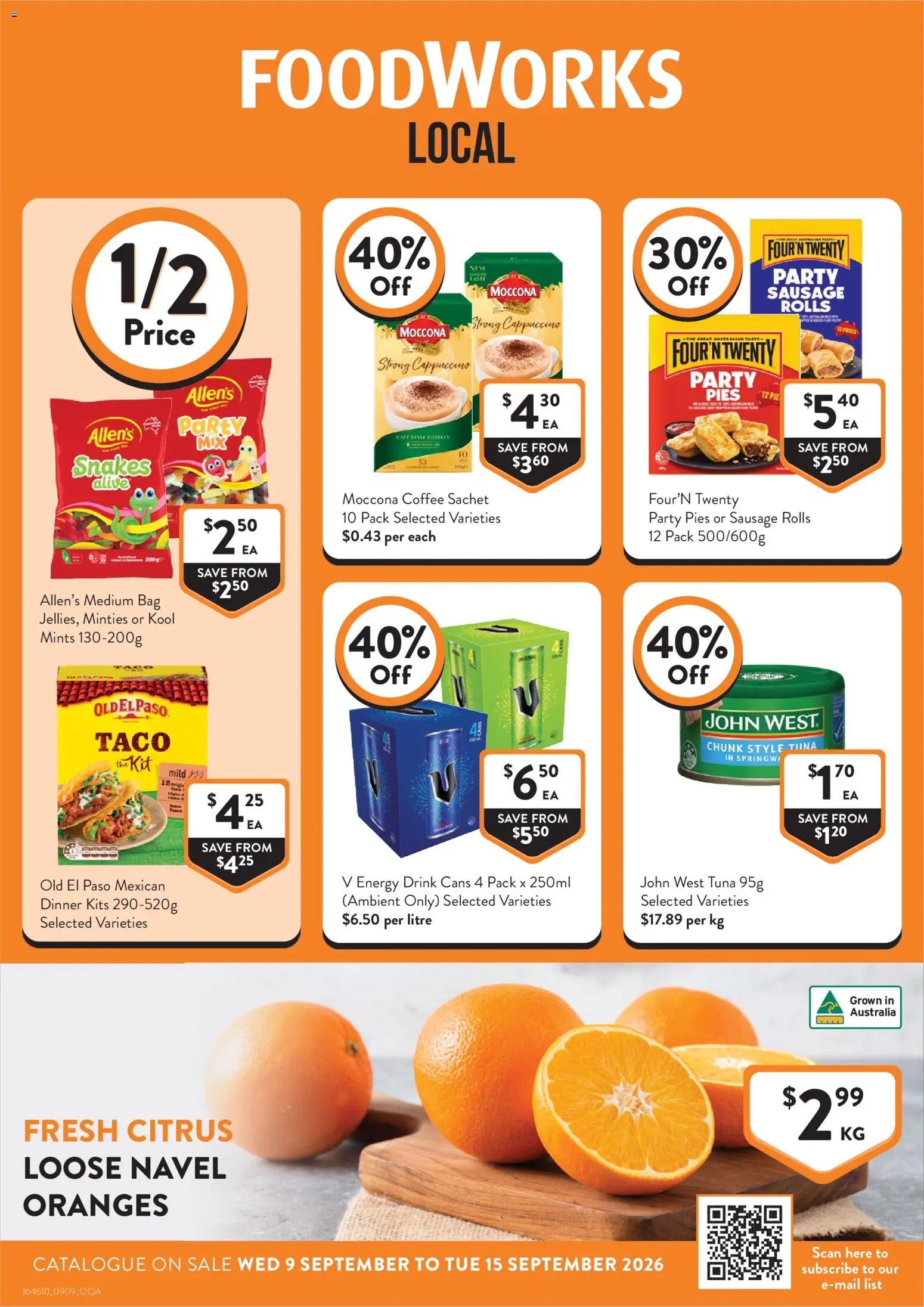 Foodworks catalogue - valid from 09/09/2026 | Page: 1 | Products: Oranges, Cappuccino, Tuna, Moccona
