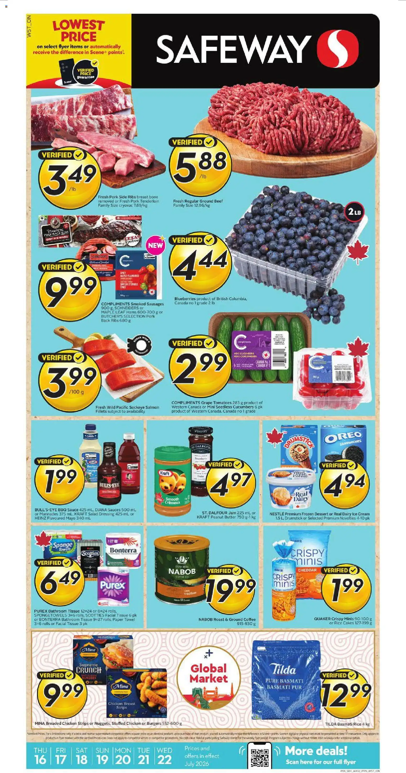 Safeway flyer valid from Jul 16, 2026 | Page: 1 | Products: Oreo, Sausages, Chicken, Ground coffee