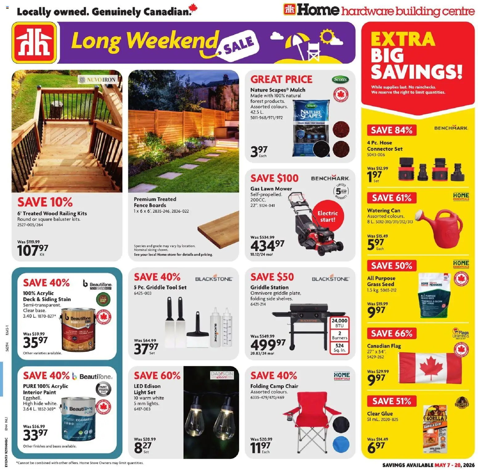 Home Hardware flyer valid from 07.05.2026 | Page: 1 | Products: Connector, Mower, Chair