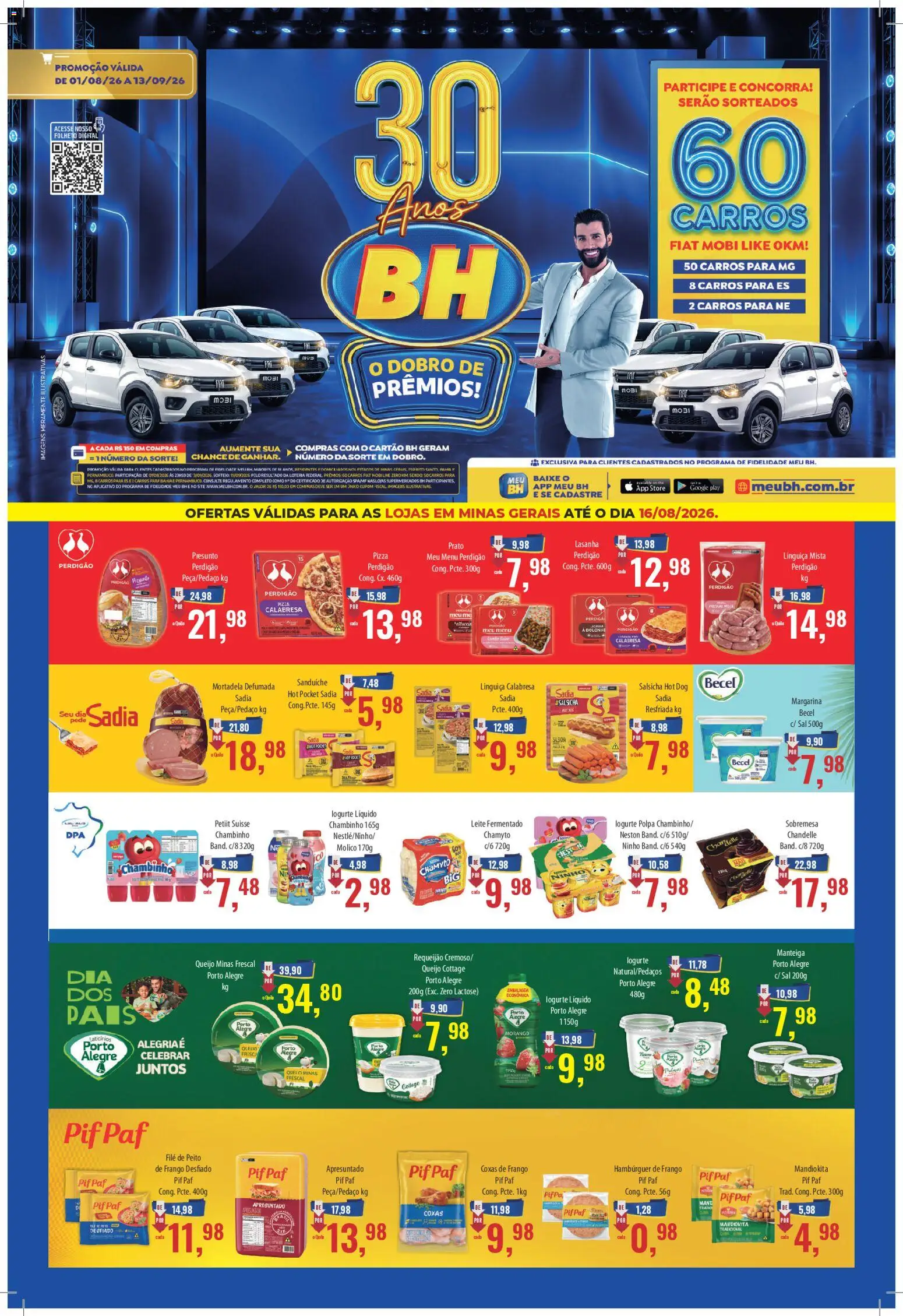Supermercados BH Folheto - válido de 01/08/2026 | Página: 1 | Produtos: Salsicha, Leite, Sanduíche, Peito de frango