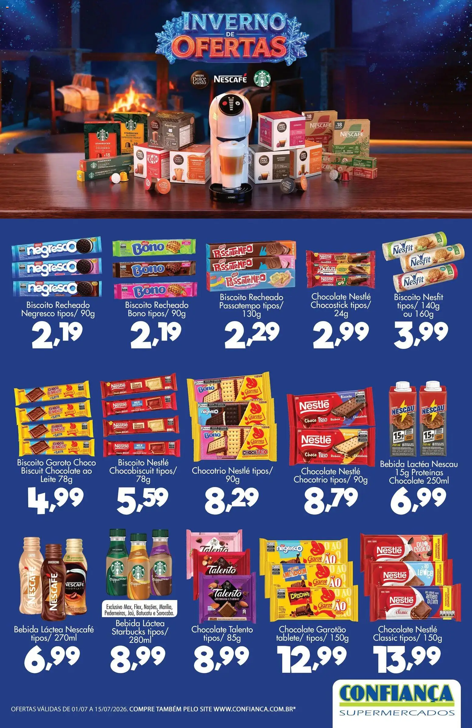 Confiança Folheto - válido de 01/07/2026 | Página: 1 | Produtos: Biscoito, Nescau, Leite, Biscoito recheado