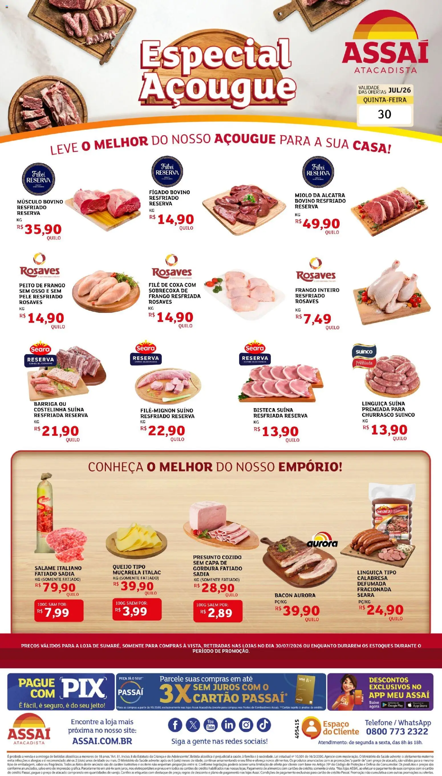 Assaí Atacadista Folheto - válido de 30/07/2026 | Página: 1 | Produtos: Linguiça, Queijo, Salame, Muçarela