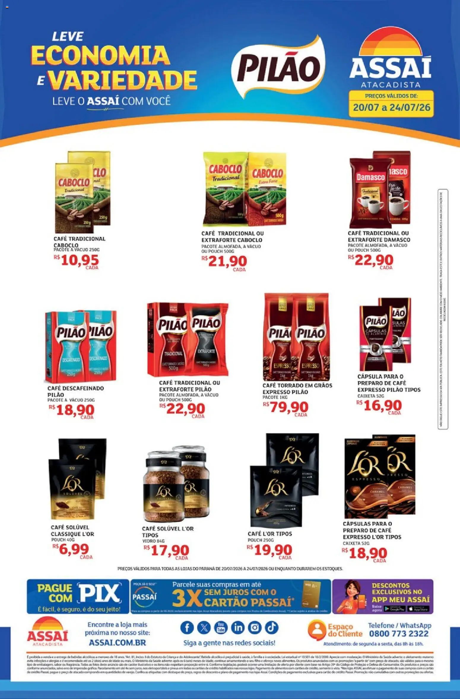 Assaí Atacadista Folheto - válido de 20/07/2026 | Página: 1 | Produtos: Damasco, Café, Bebida, Telefone