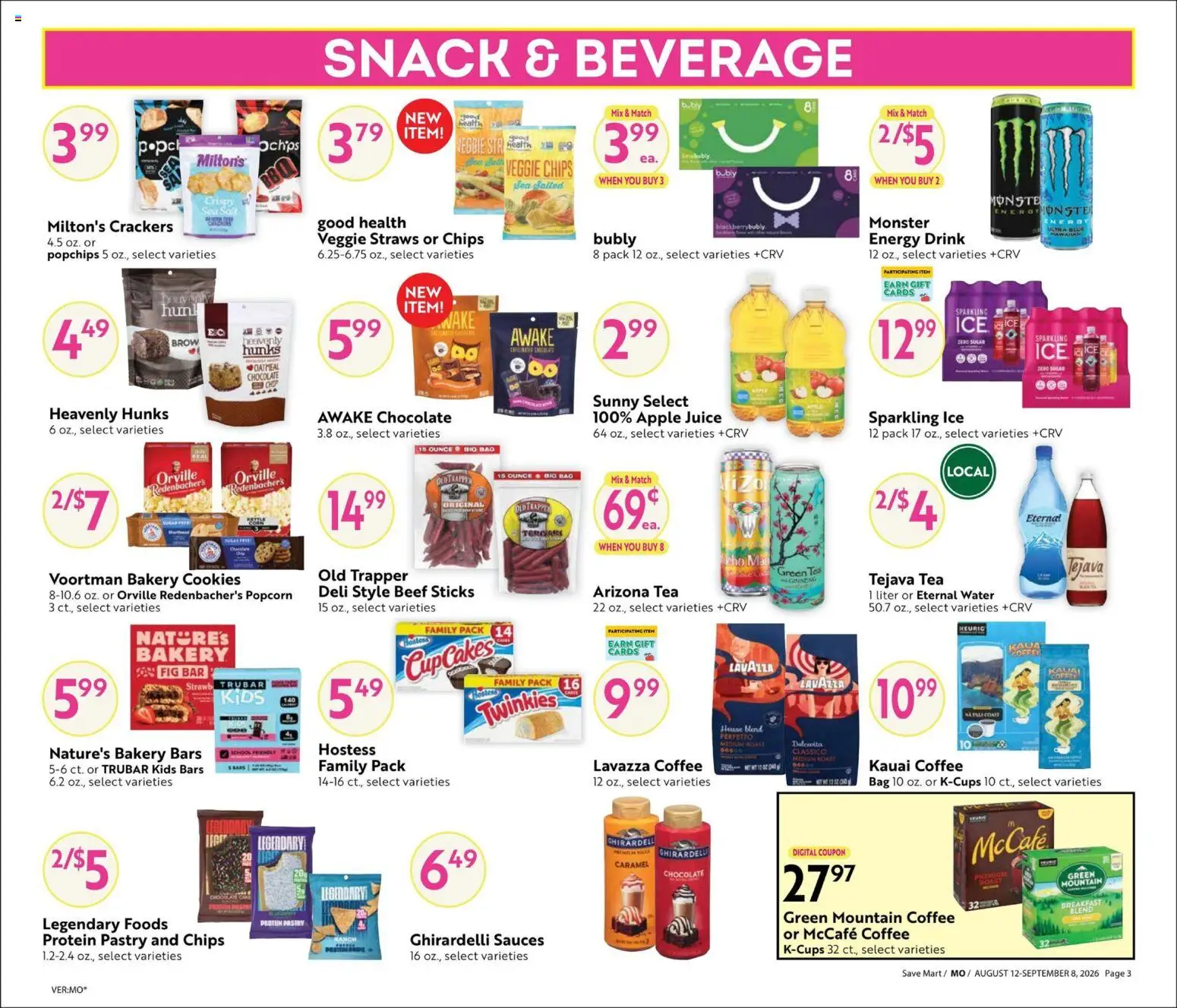 Save Mart Big Book of Savings - valid from 08/12/2026 | Page: 3 | Products: Coffee, Tea, Oatmeal, Water