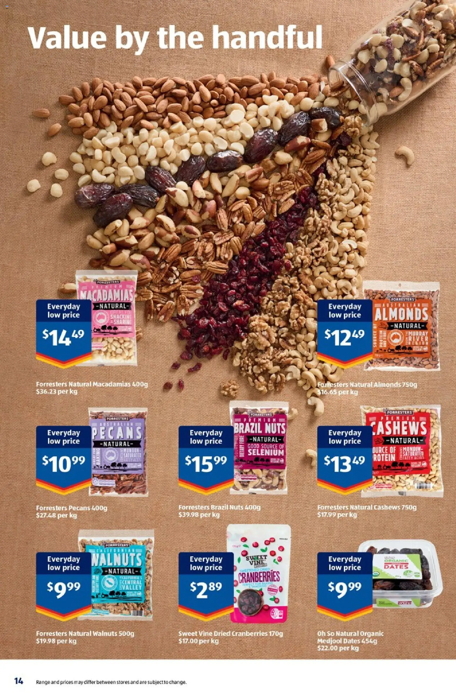 Aldi catalogue - valid from 05/08/2026 | Page: 14 | Products: Almonds, Walnuts, Macadamia nuts, Brazil nuts