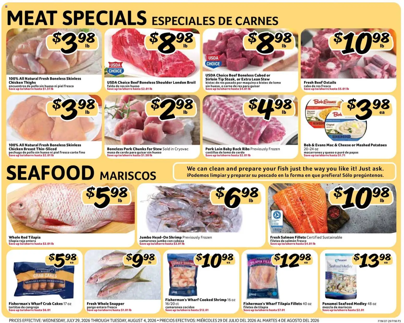 Fresco y Más Weekly Ad - valid from 07/29/2026 | Page: 3 | Products: Pork, Fish, Beef, Potatoes