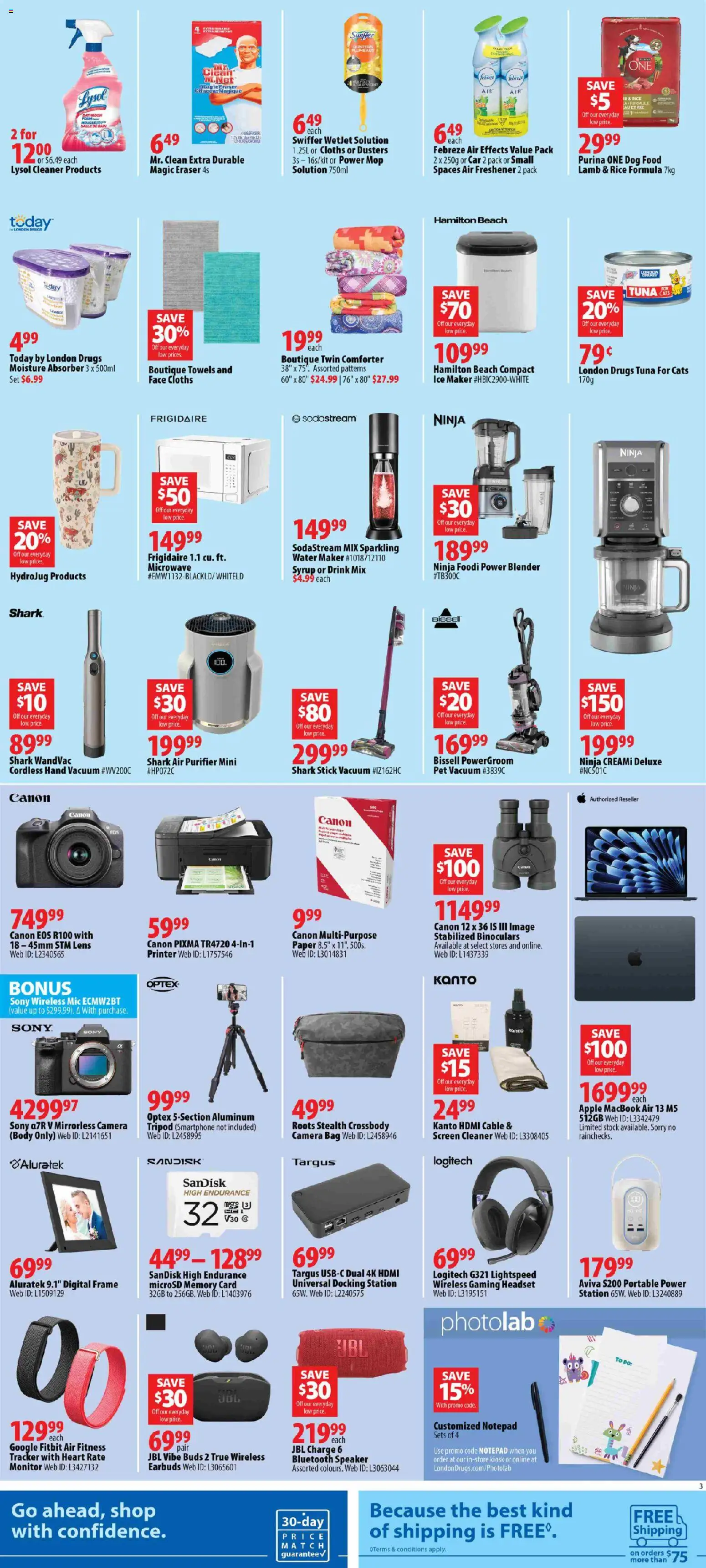 London Drugs flyer valid from Sep 18, 2026 | Page: 3 | Products: Mop, Memory card, Bag, Ice maker