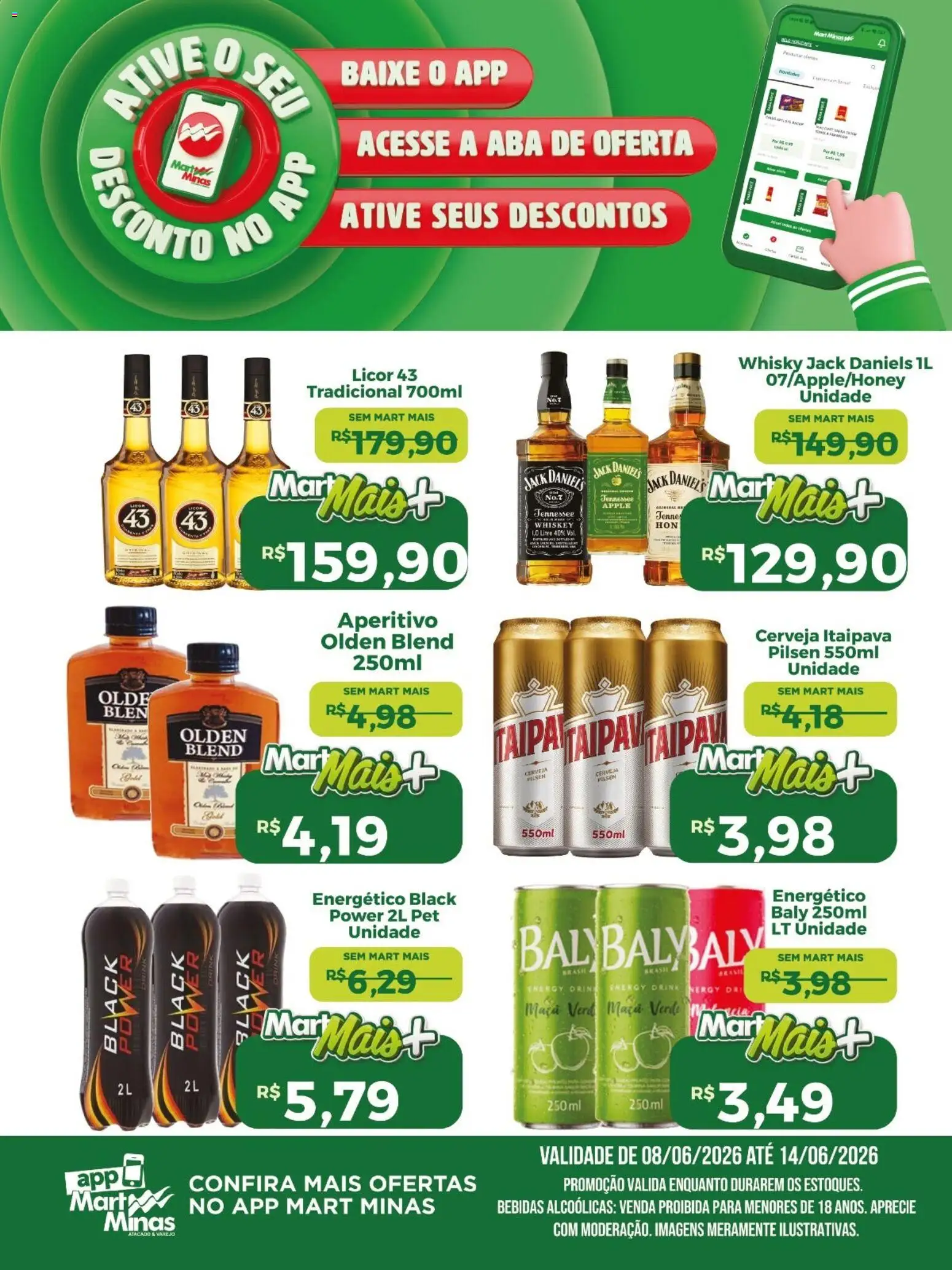 Mart Minas Folheto - válido de 08.06.2026 | Página: 3 | Produtos: Energético, Licor, Licor 43, Cerveja