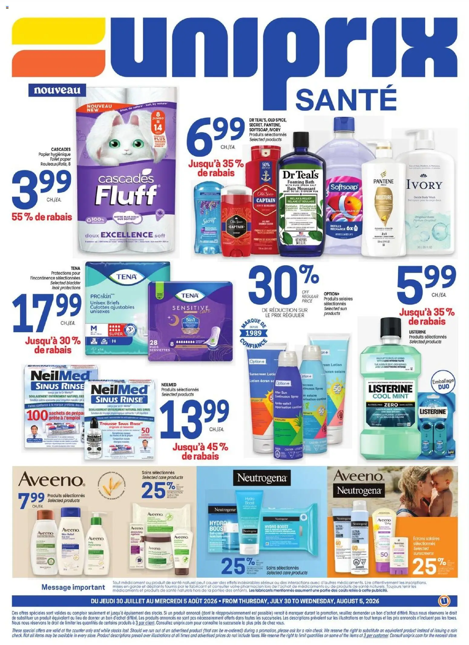 Uniprix flyer valid from Jul 30, 2026 | Page: 4 | Products: Sunscreen, Bath, Briefs