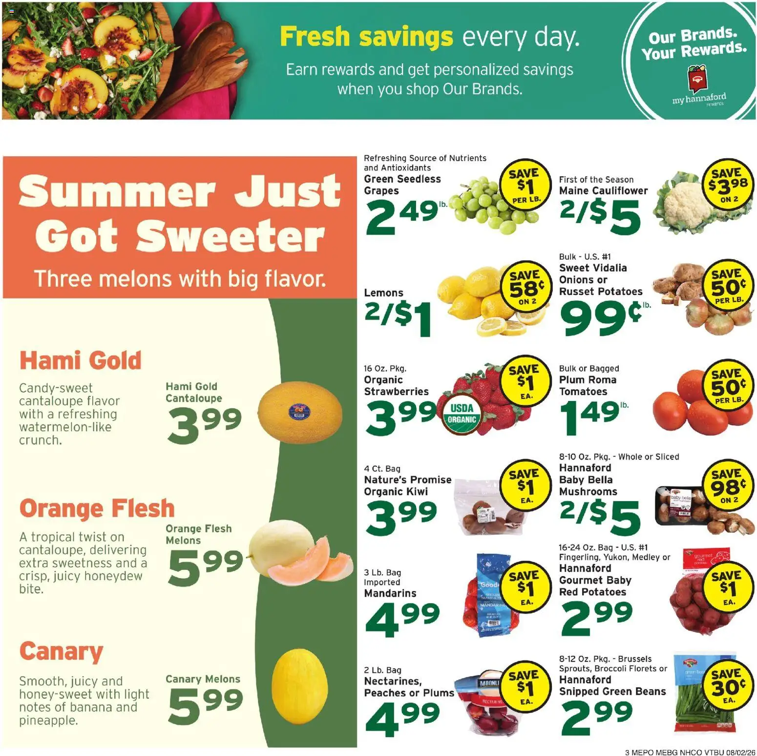 Hannaford Weekly Flyer - valid from 08/02/2026 | Page: 5 | Products: Strawberries, Kiwi, Potatoes, Grapes