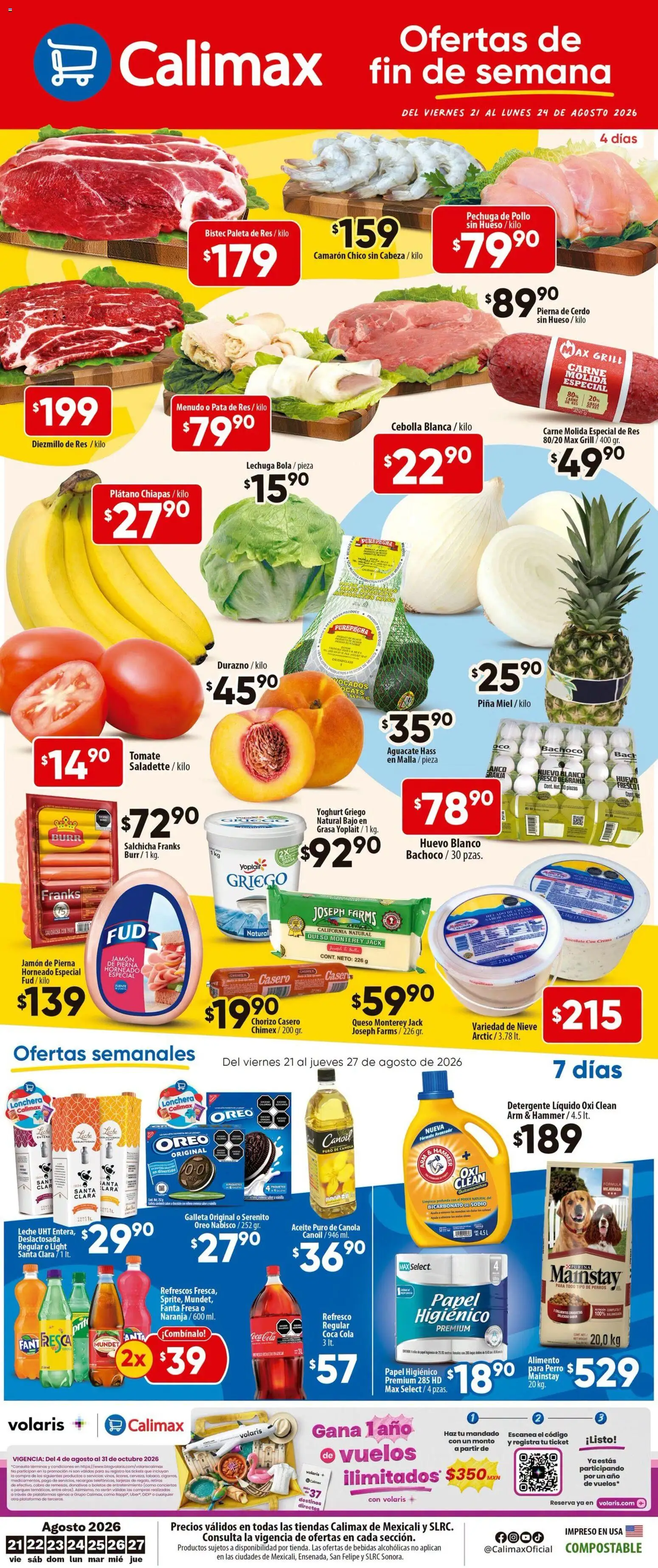 Nuevas ofertas de Calimax válidas en toda la República Mexicana desde el 21/08/2026. ¡Encuentra las mejores ofertas en Calimax folleto Mexicali y SLRC! | Página: 1 | Productos: Plátano, Aguacate, Res, Carne molida