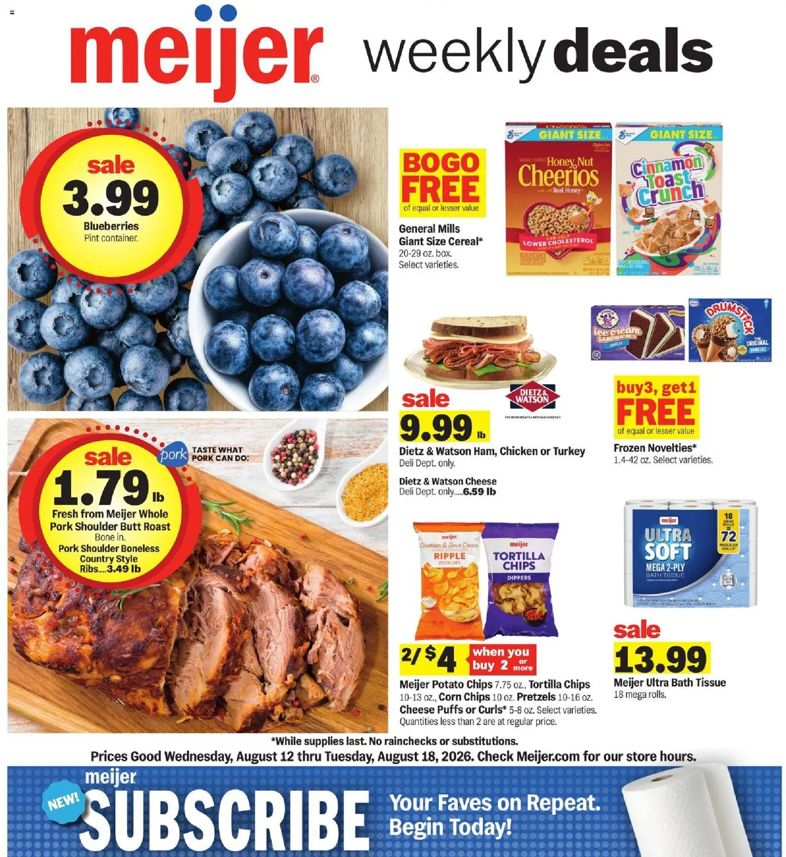 Meijer Weekly Ad - valid from 08/12/2026 | Page: 1 | Products: Chicken, Honey, Pork, Sour cream