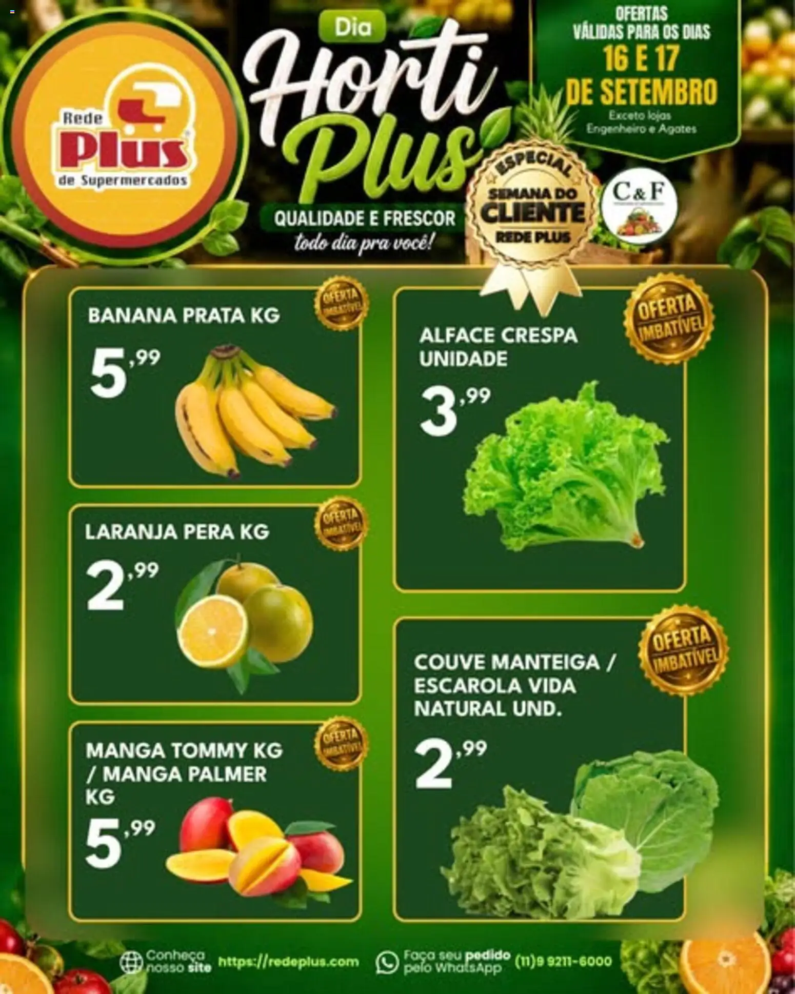 Rede Plus Supermercados Folheto - válido de 16/09/2026 | Página: 1 | Produtos: Manteiga, Manga, Alface, Couve