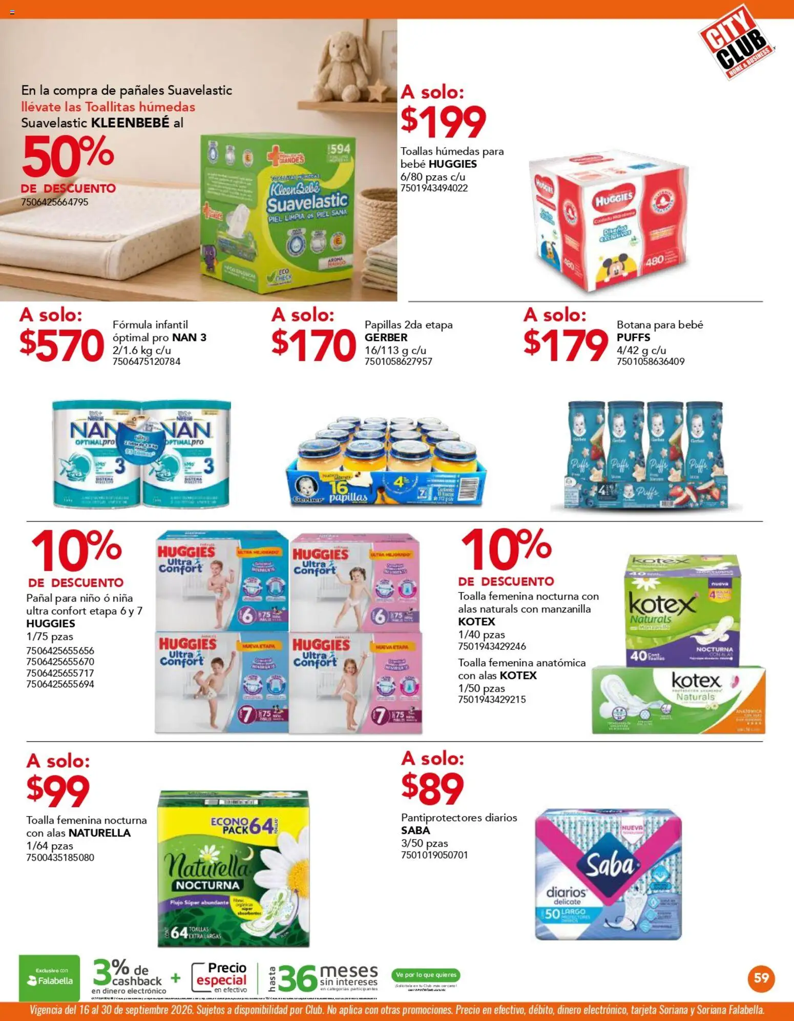 Nuevas ofertas de City Club válidas en toda la República Mexicana desde el 01/09/2026. ¡Encuentra las mejores ofertas en City Club catálogo! | Página: 59 | Productos: Toallitas húmedas, Pañales, Toalla, Toallas