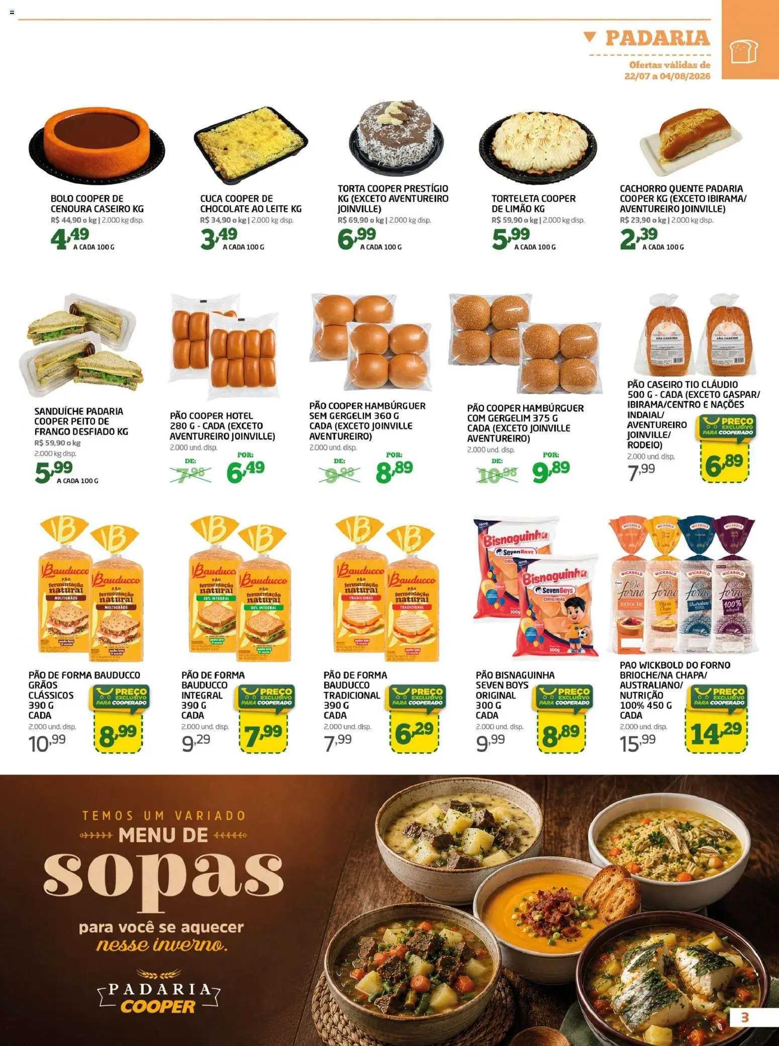 Cooper Folheto - válido de 22/07/2026 | Página: 3 | Produtos: Leite, Sanduíche, Bolo, Hambúrguer