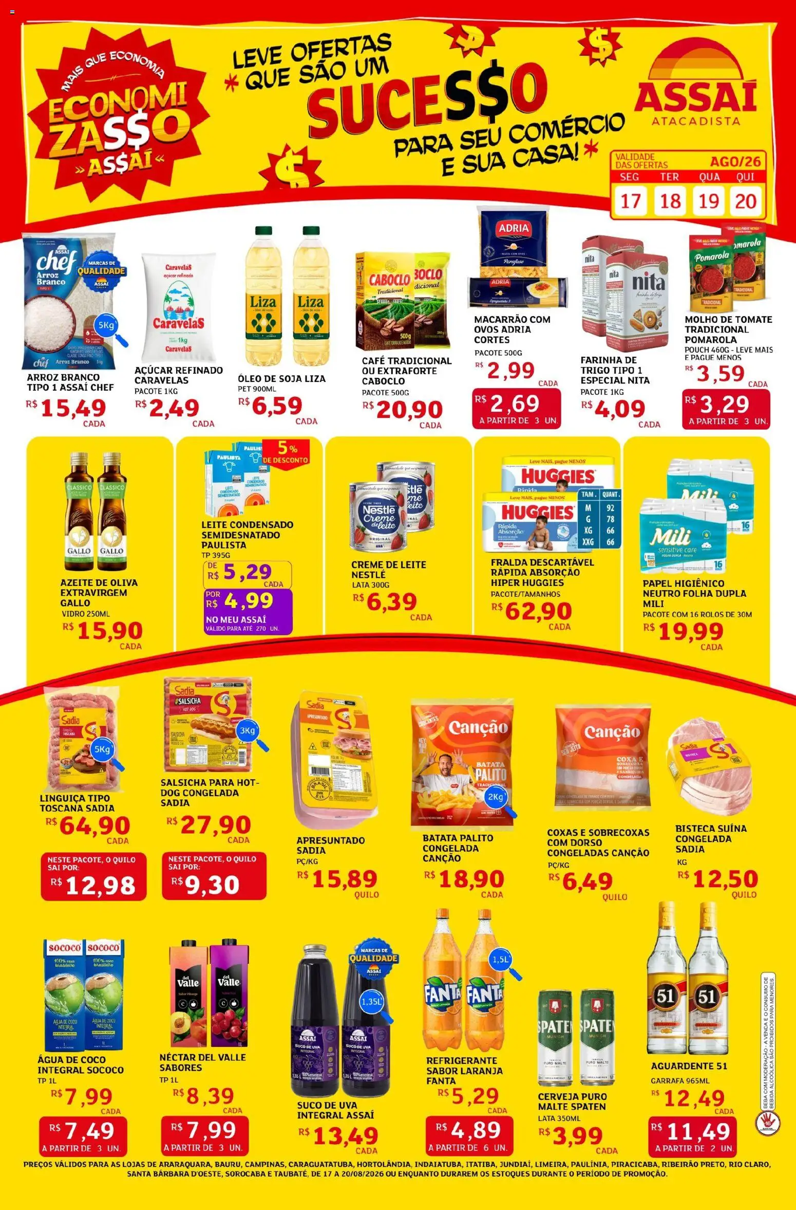 Assaí Atacadista Folheto - válido de 17/08/2026 | Página: 1 | Produtos: Salsicha, Leite, Óleo, Suco