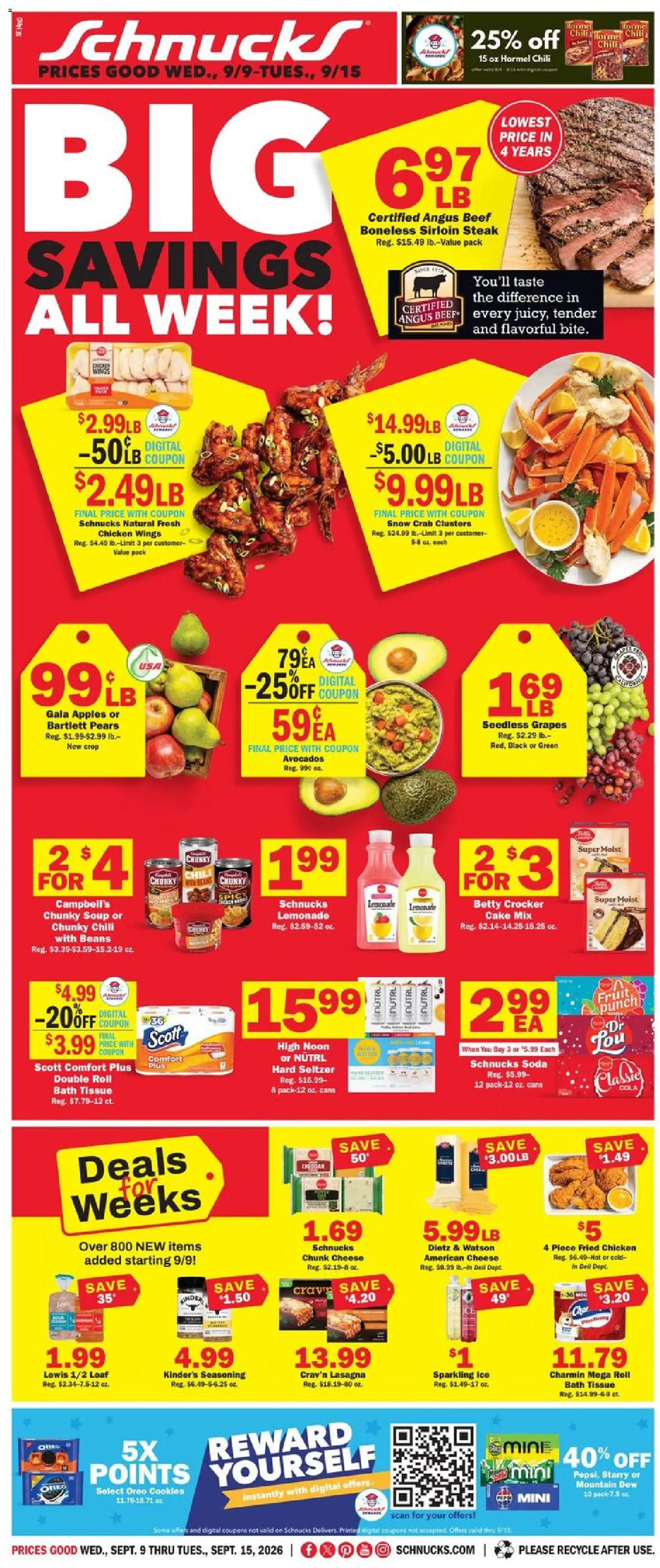 Schnucks Weekly Ad - valid from 09/09/2026 | Page: 1 | Products: Chicken wings, Cookies, Lemonade, Chili