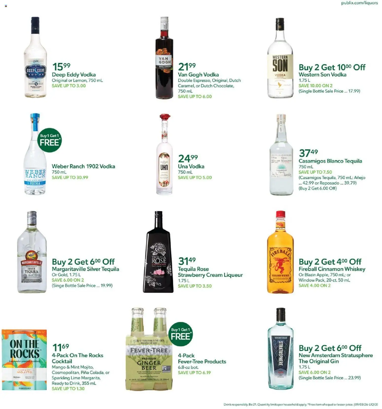 Publix Liquor Ad - valid from 09/03/2026 | Page: 3 | Products: Tequila, Beer, Gin, Cream