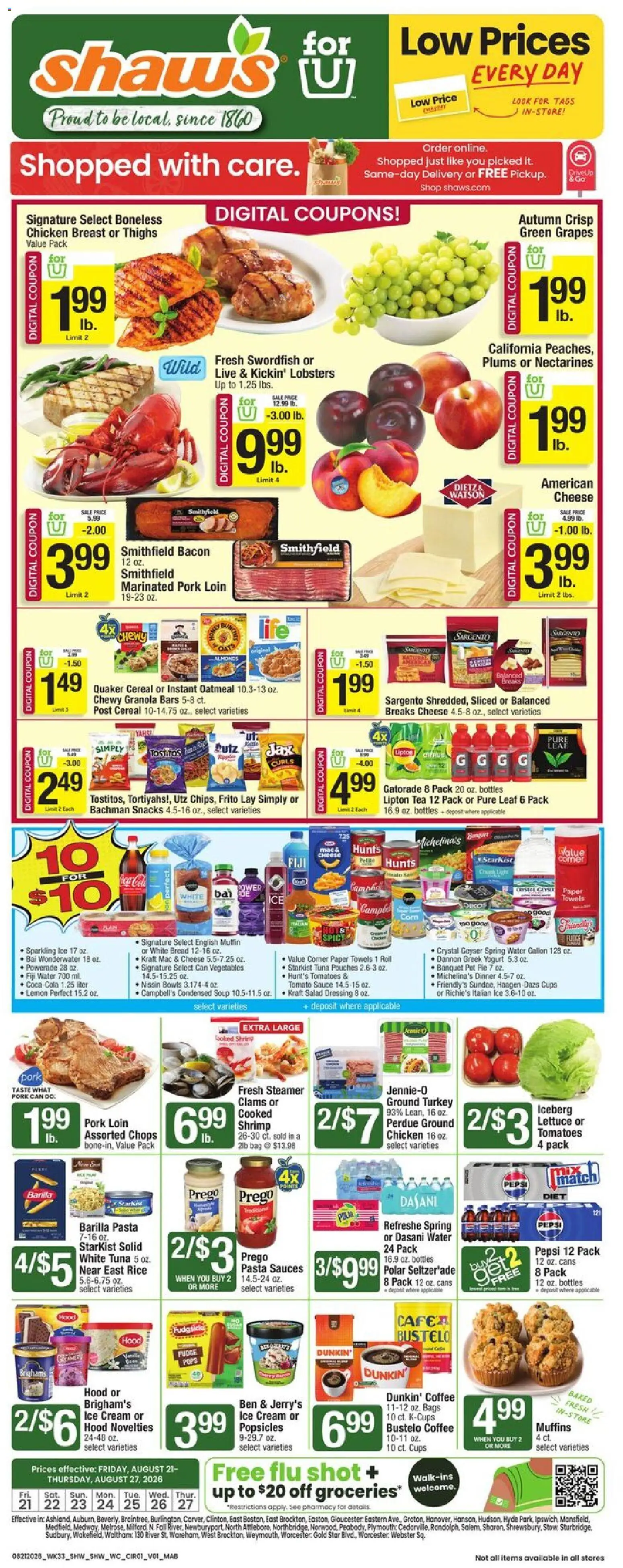 Shaw's Weekly Ad - valid from 08/21/2026 | Page: 1 | Products: Pork, Oatmeal, Tomato, Paper towels