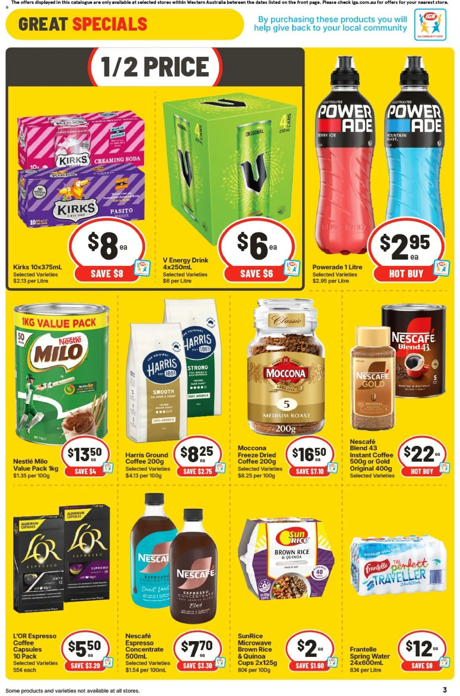 IGA catalogue - valid from 19/08/2026 | Page: 3 | Products: Energy drink, Brown rice, Moccona, Roast