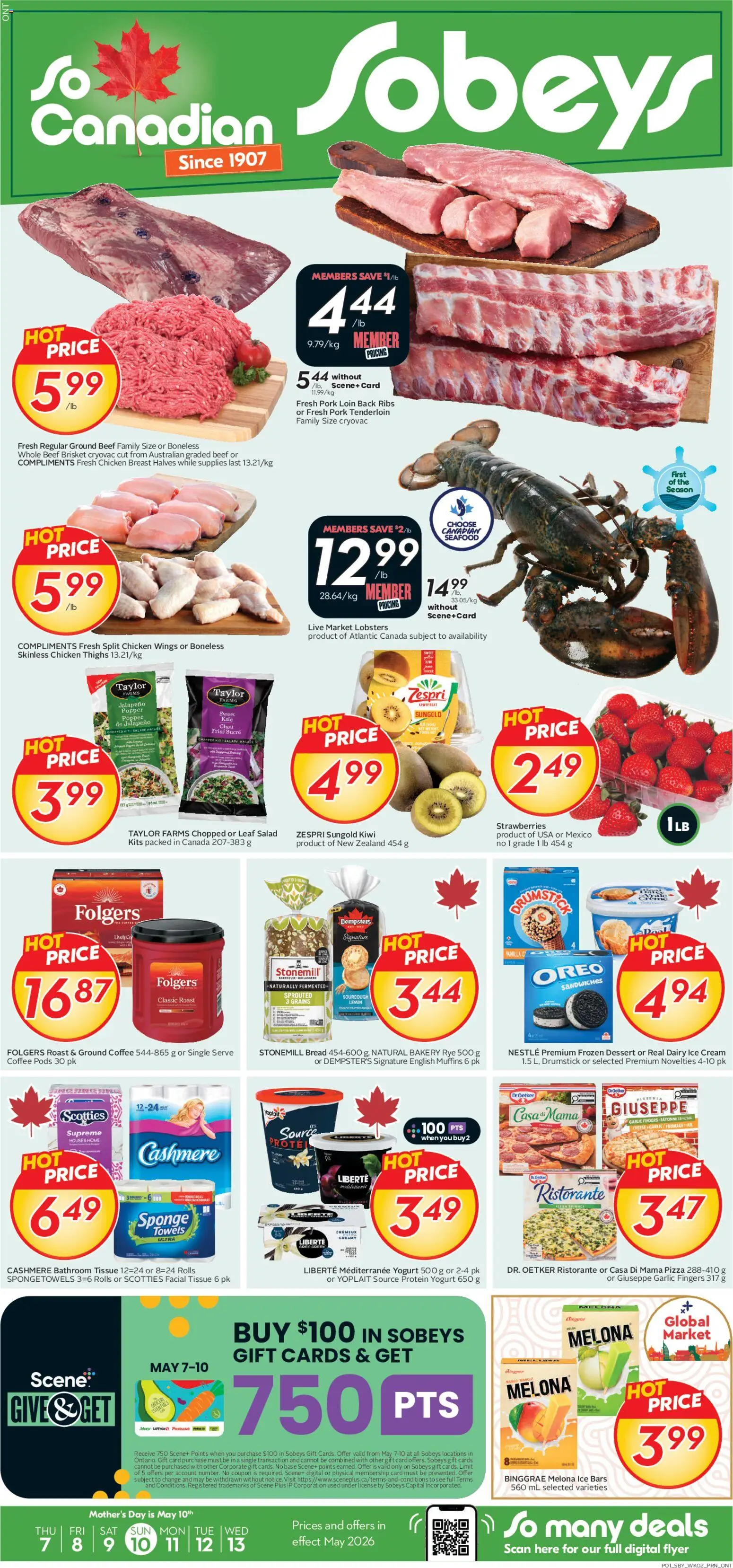 Sobeys flyer valid from 07.05.2026 | Page: 1 | Products: Sponge, Yogurt, Chicken, Pork