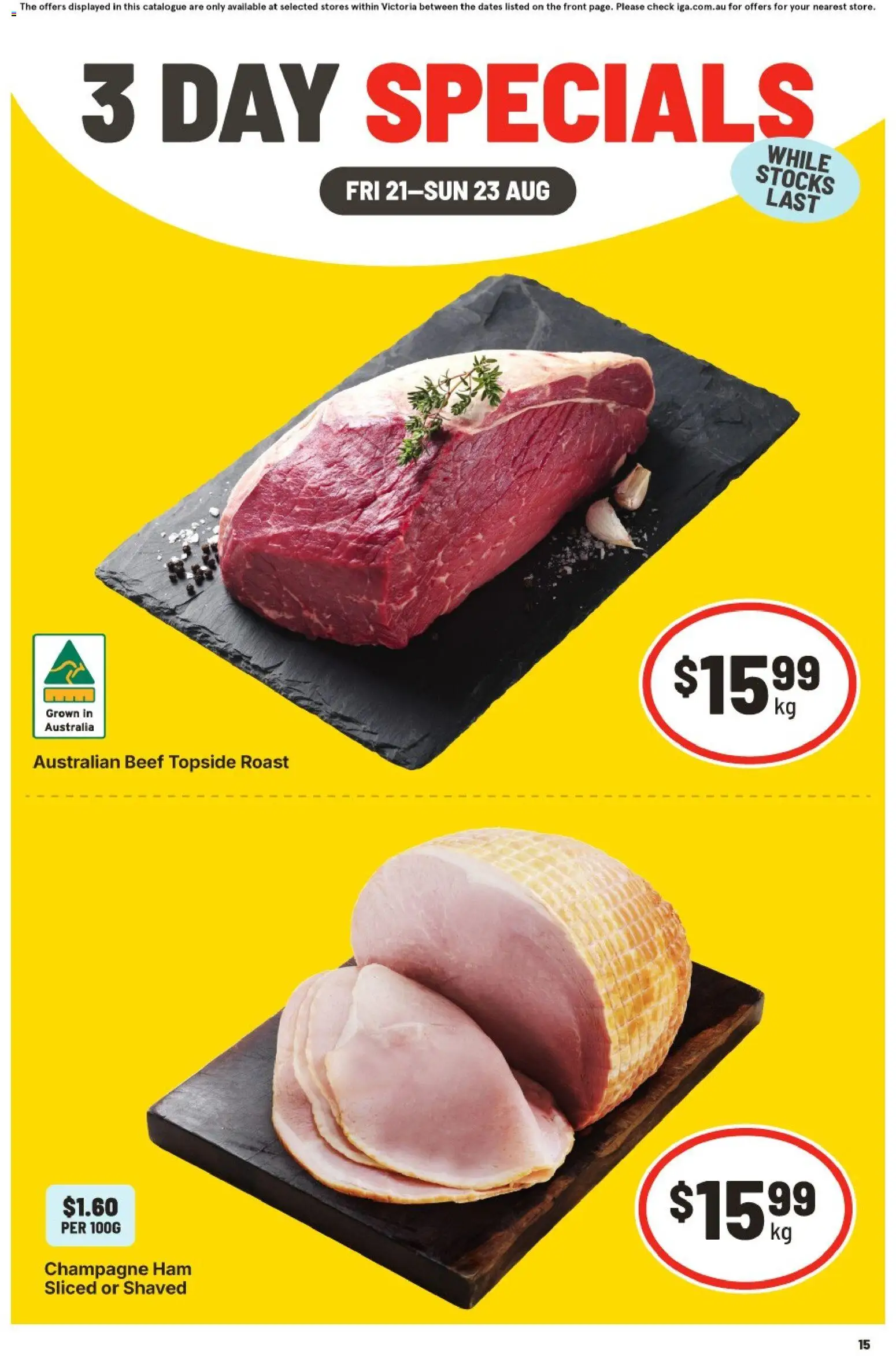 IGA catalogue - valid from 21/08/2026 | Page: 1 | Products: Champagne, Ham, Beef, Roast