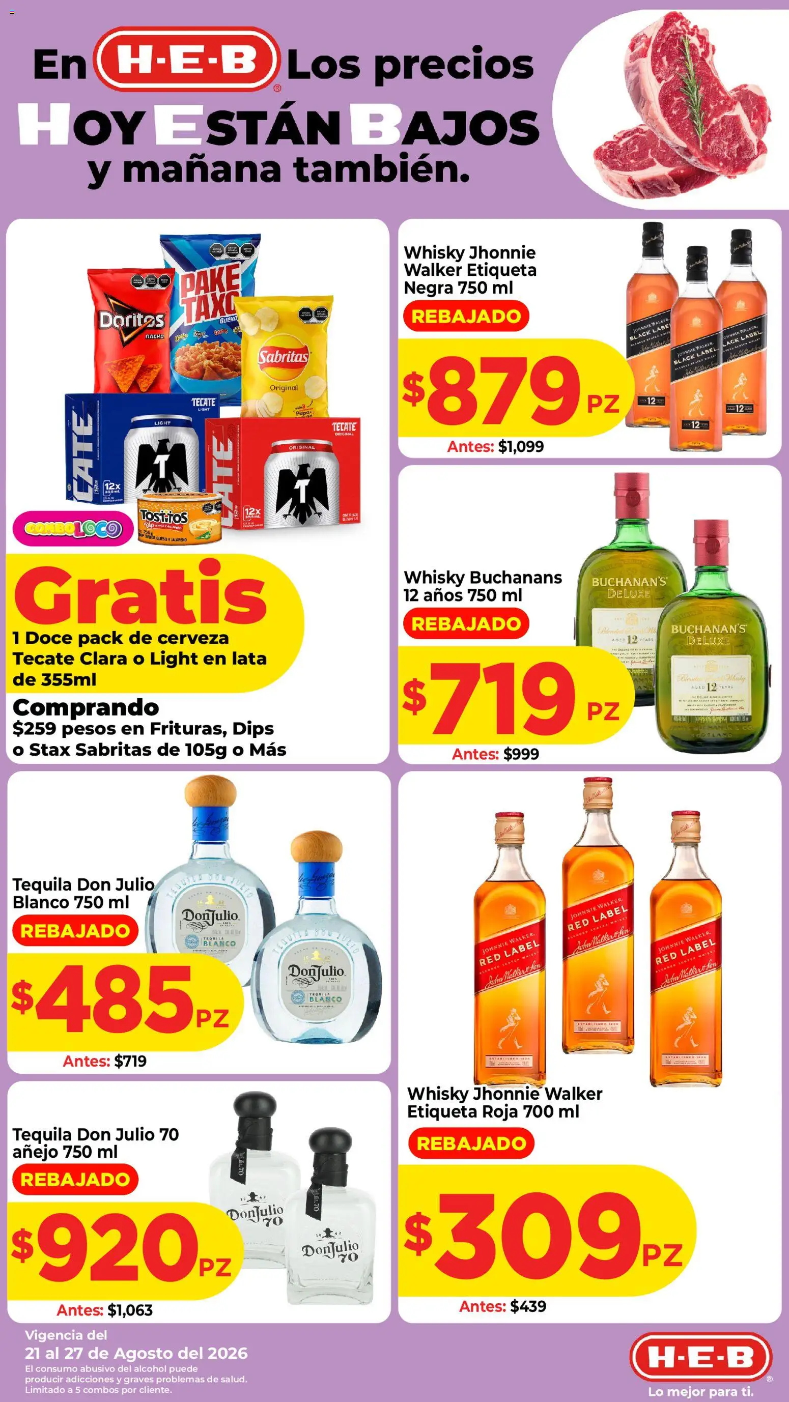 Nuevas ofertas de H-E-B válidas en toda la República Mexicana desde el 21/08/2026. ¡Encuentra las mejores ofertas en H-E-B folleto! | Página: 3 | Productos: Papa, Cerveza, Alcohol, Whisky