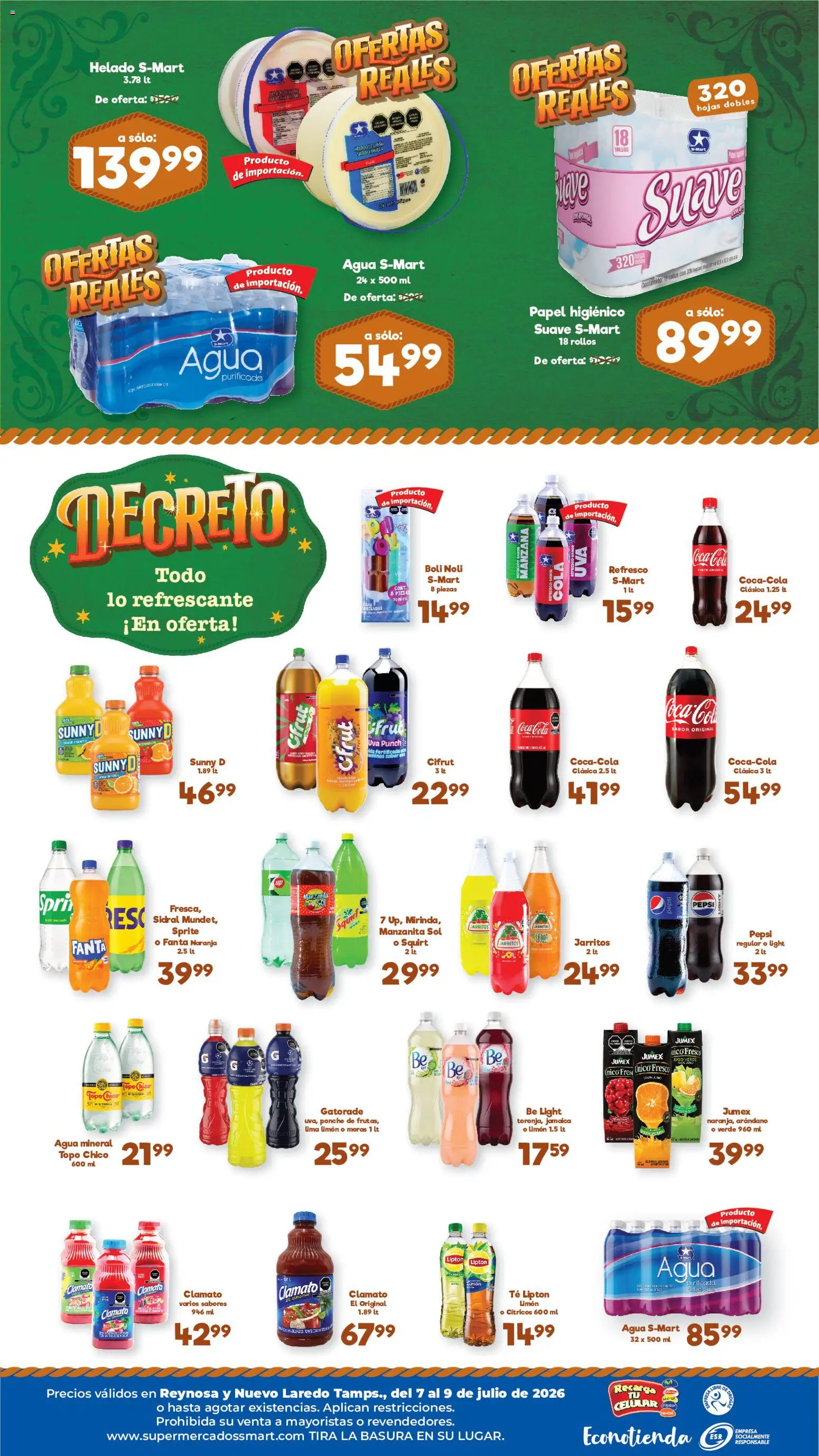 Nuevas ofertas de S-Mart válidas en toda la República Mexicana desde el 07/07/2026. ¡Encuentra las mejores ofertas en S-Mart folleto Ofertas de feria Nuevo Laredo! | Página: 2 | Productos: Refresco, Limón, Col, Helado