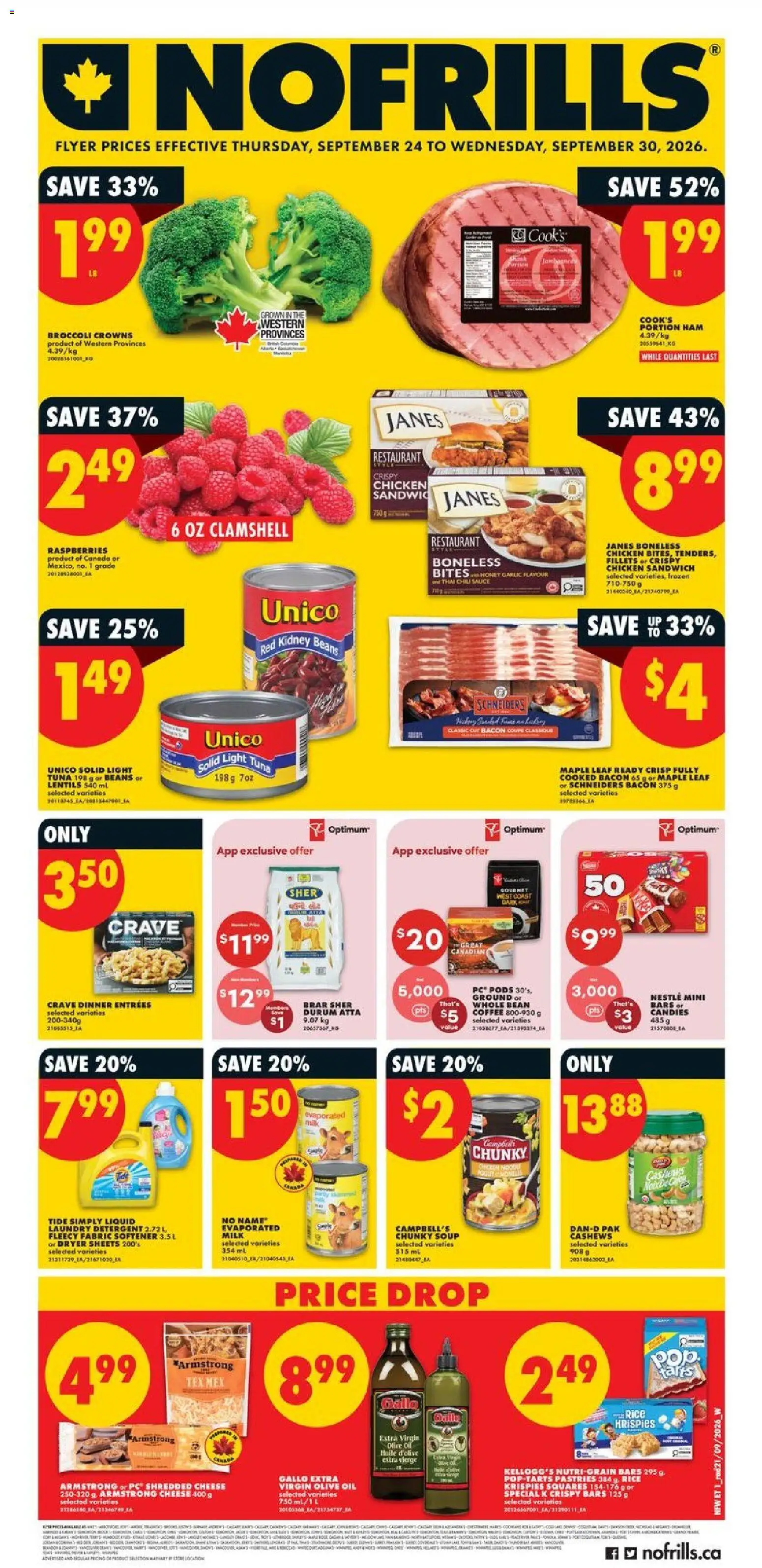 No Frills flyer valid from Sep 24, 2026 | Page: 1 | Products: Candies, Broccoli, Dryer, Detergent