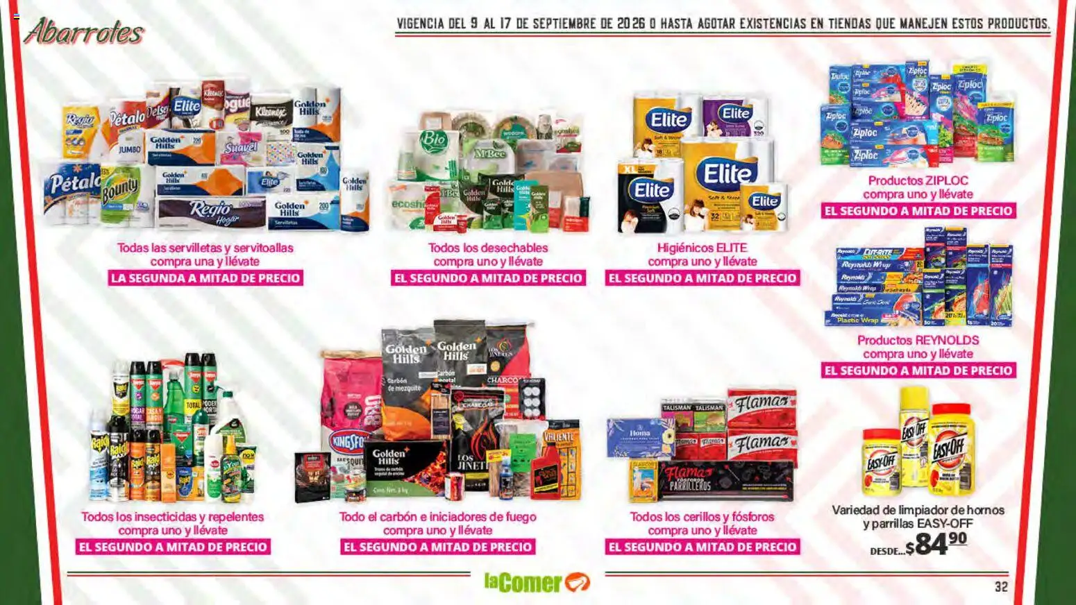 Nuevas ofertas de La Comer válidas en toda la República Mexicana desde el 09/09/2026. ¡Encuentra las mejores ofertas en La Comer folleto La Grandeza de México se comparte en la mesa! | Página: 32 | Productos: Limpiador, Cerillos, Servilletas