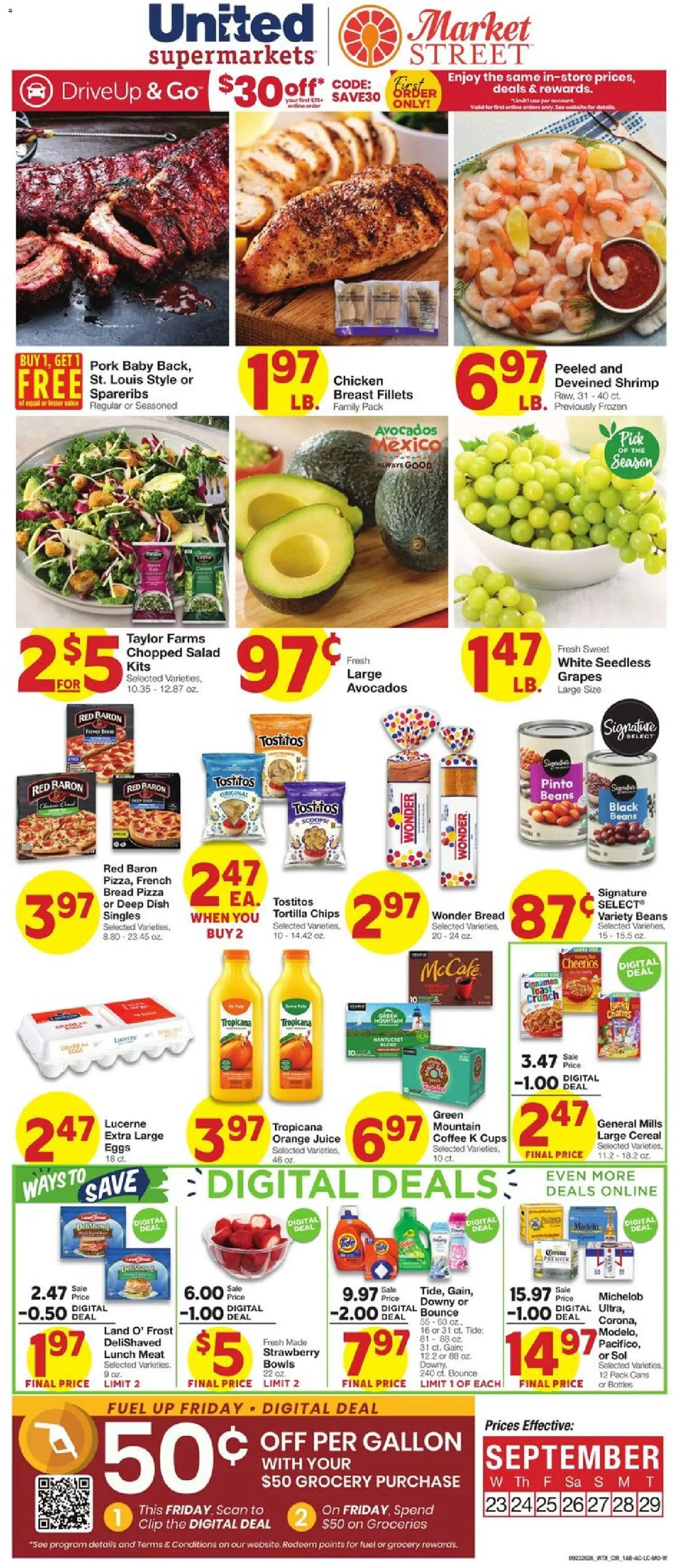 United Supermarkets Weekly Ad - valid from 09/23/2026 | Page: 1 | Products: Orange juice, Clip, Bread, Juice