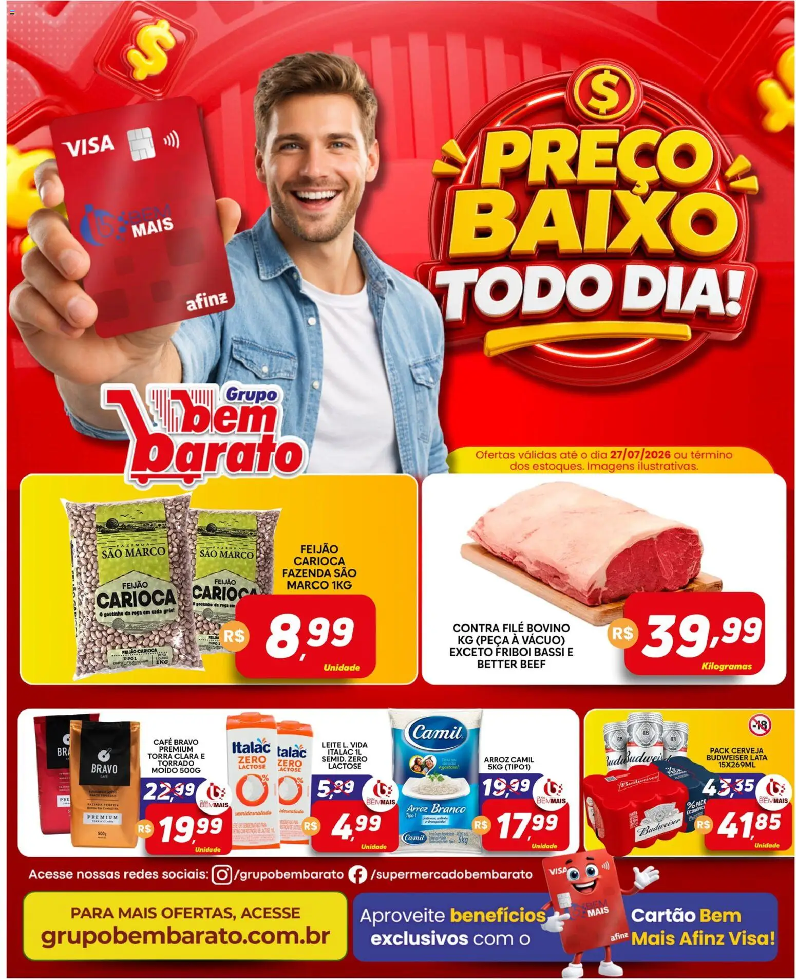 Supermercado Bem Barato Folheto - válido de 21/07/2026 | Página: 1 | Produtos: Feijão, Contra filé, Cerveja, Baixo