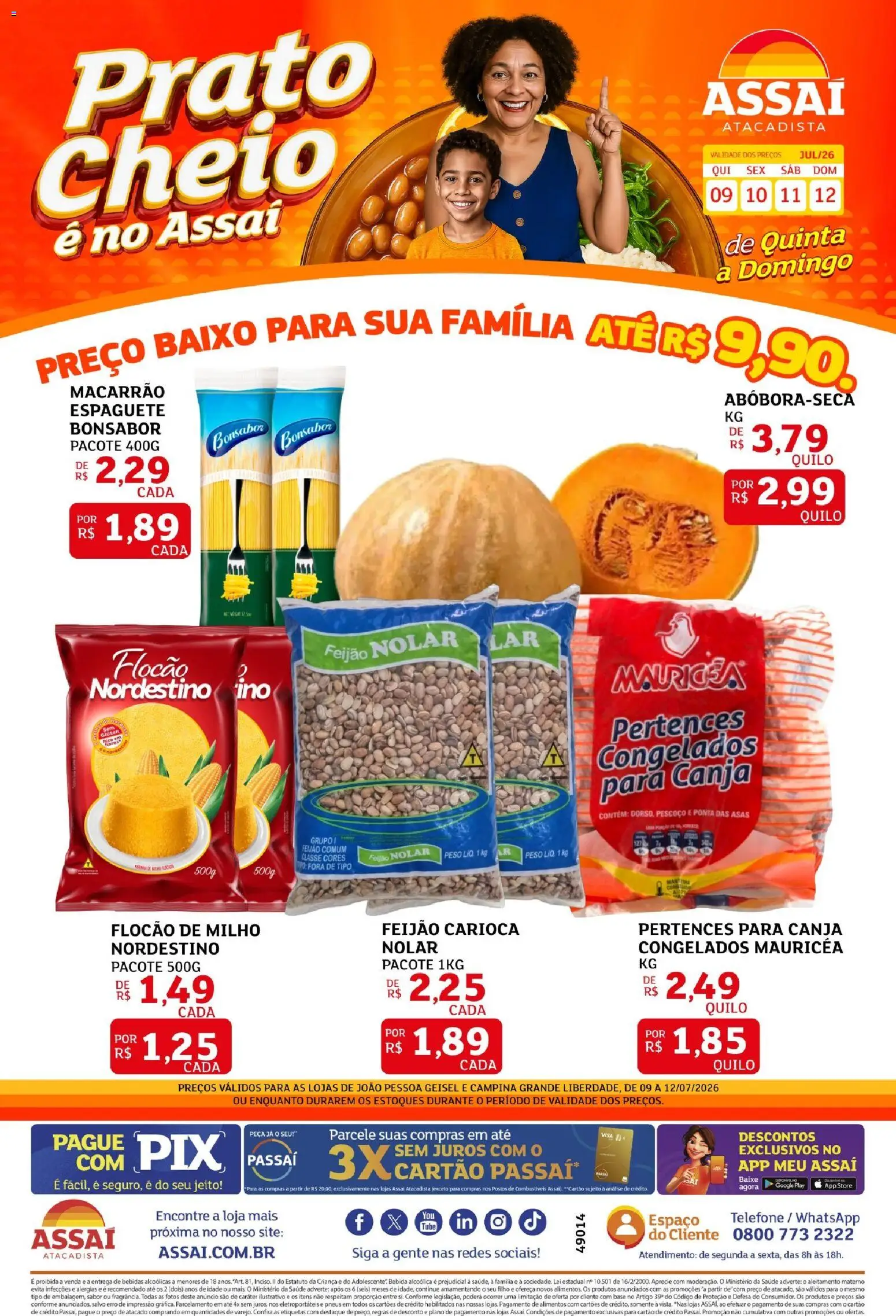 Assaí Atacadista Folheto - válido de 09/07/2026 | Página: 1 | Produtos: Feijão, Macarrão, Baixo, Bebida