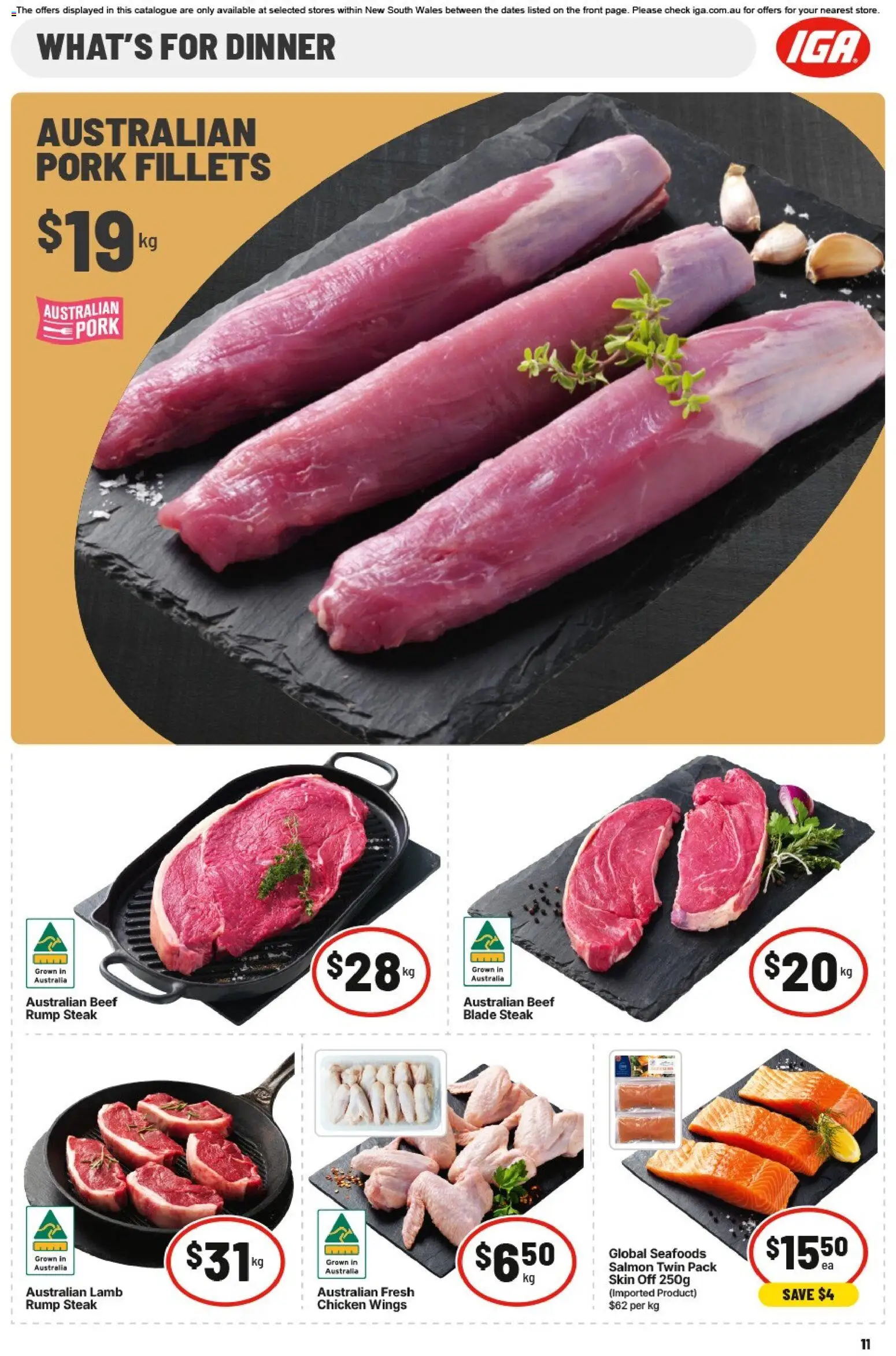 IGA catalogue - valid from 19/08/2026 | Page: 11 | Products: Chicken wings, Pork, Steak, Salmon