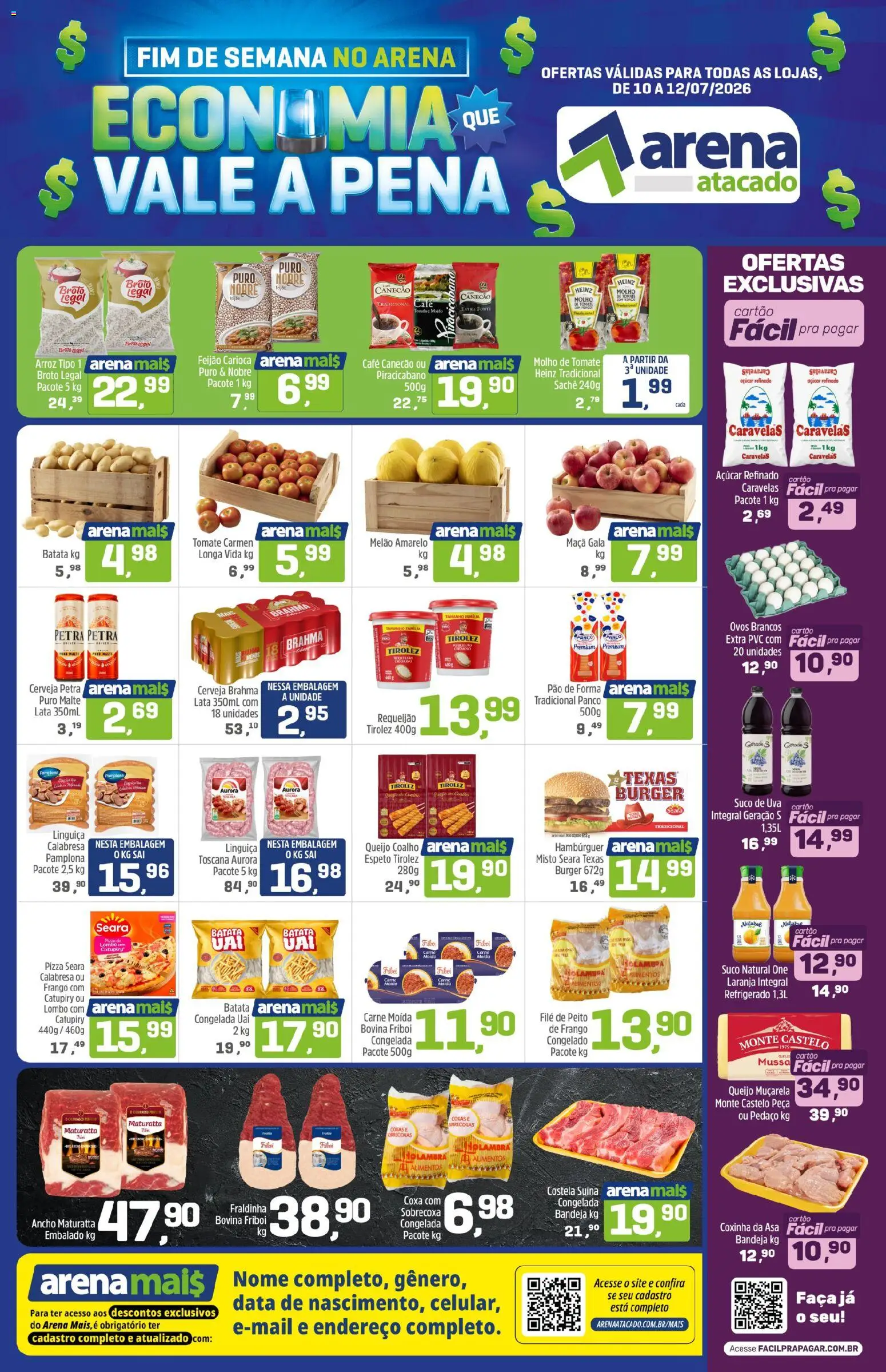 Arena Atacado Folheto - válido de 10/07/2026 | Página: 1 | Produtos: Linguiça, Lombo, Pão de forma, Requeijão