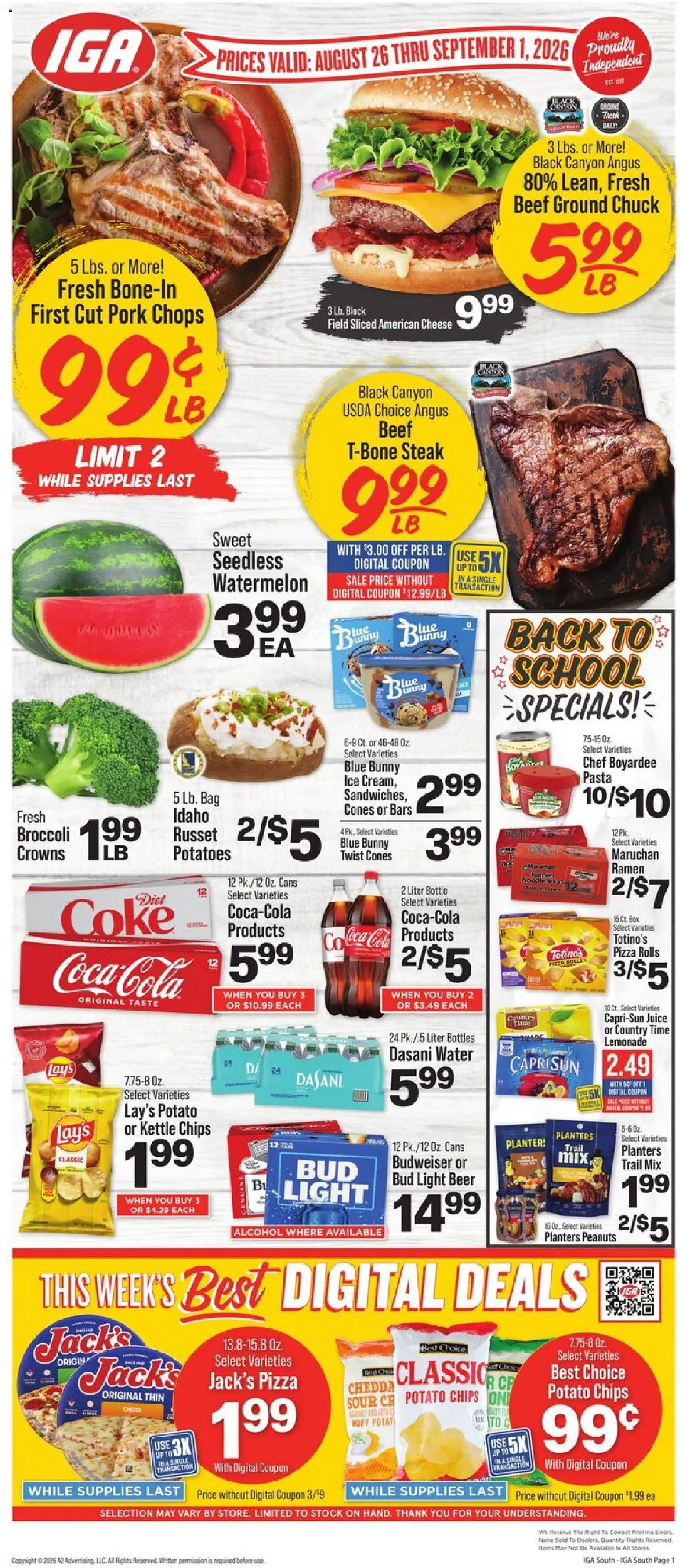 IGA Weekly Ad - valid from 08/26/2026 | Page: 1 | Products: Beef, Alcohol, Bag, Steak