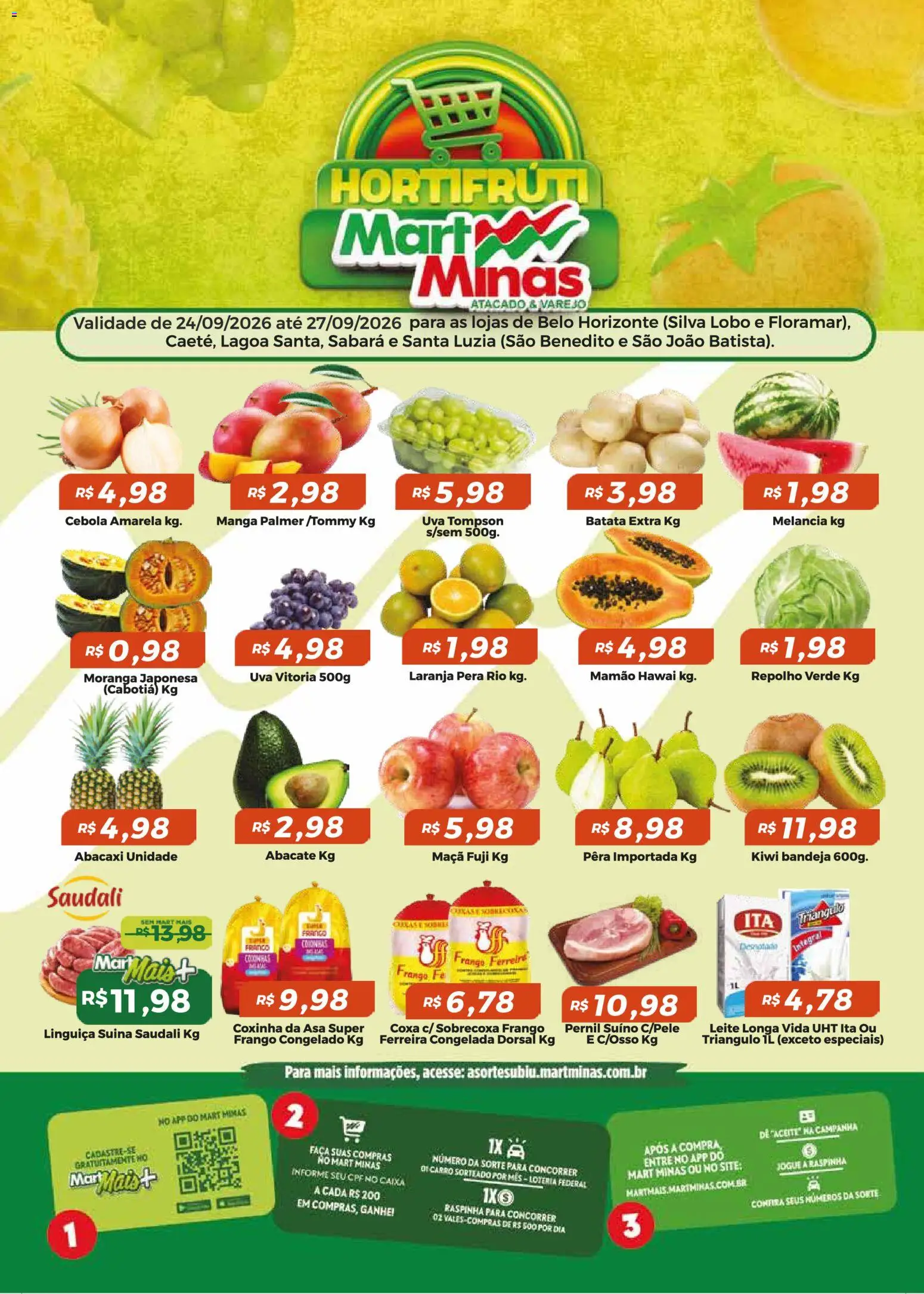 Mart Minas Folheto - válido de 24/09/2026 | Página: 1 | Produtos: Uva, Caixa, Leite, Pernil suíno